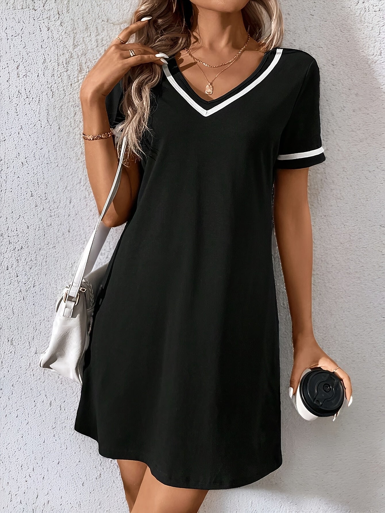 Women's Color Block Knit Dress - V-Neck, Braided Detail