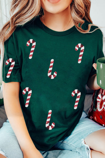 Green Christmas Candy Cane Graphic Casual T Shirt