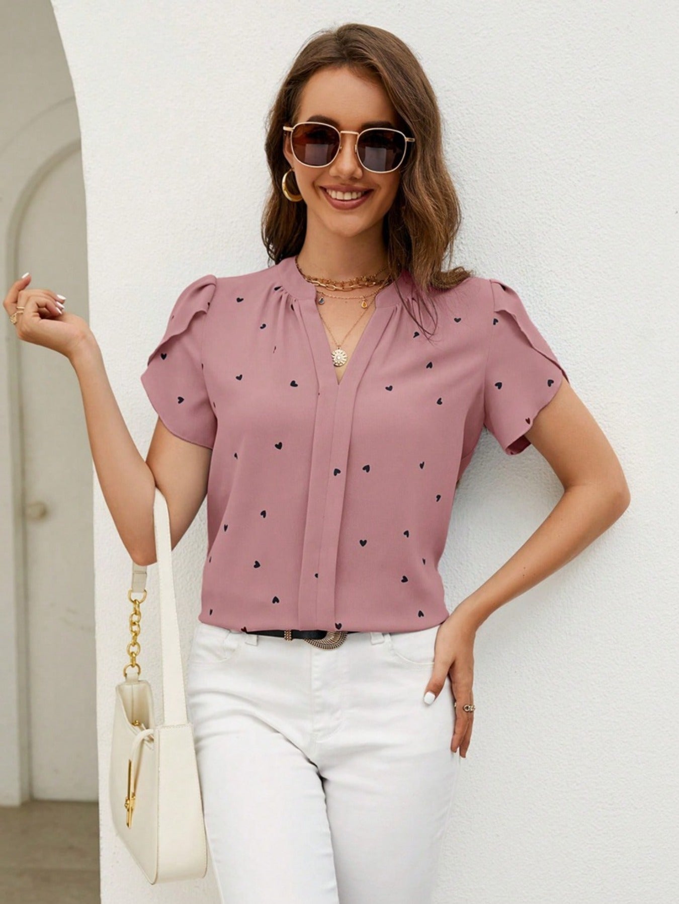 Short Sleeve Shirt With Heart Print And Petal Hem
