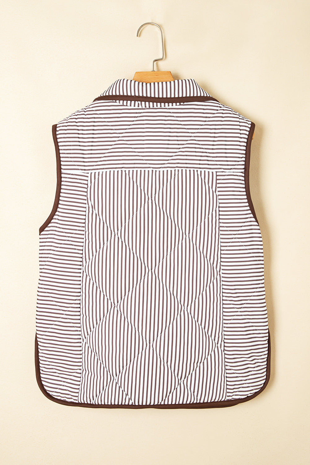 Brown Stripe Snap Button Scalloped Hem Collared Winter Vest