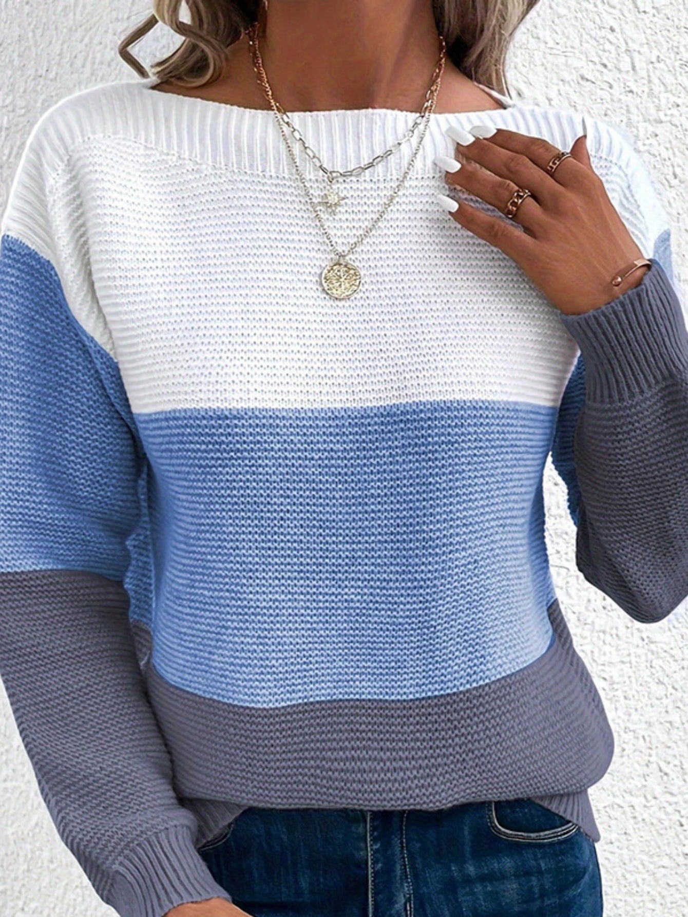 Long Sleeve Pullover Color Block Boat Neck Sweater