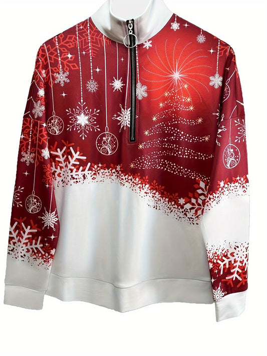 Christmas Print Zip Stand Collar Sweatshirt, Casual Long Sleeve Loose Sweatshirt