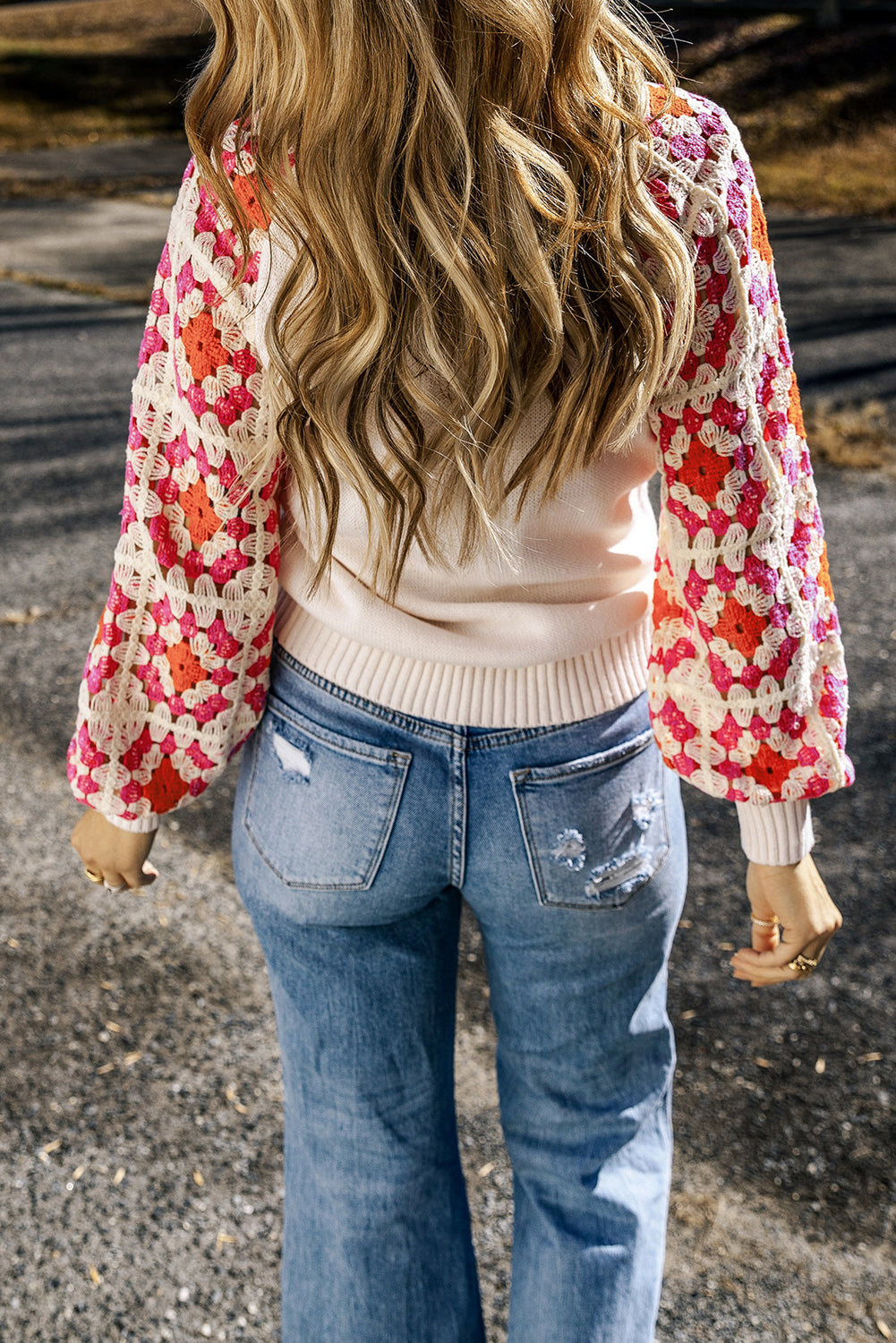 Rose Crochet Puff Sleeve Contrast Knit Sweater