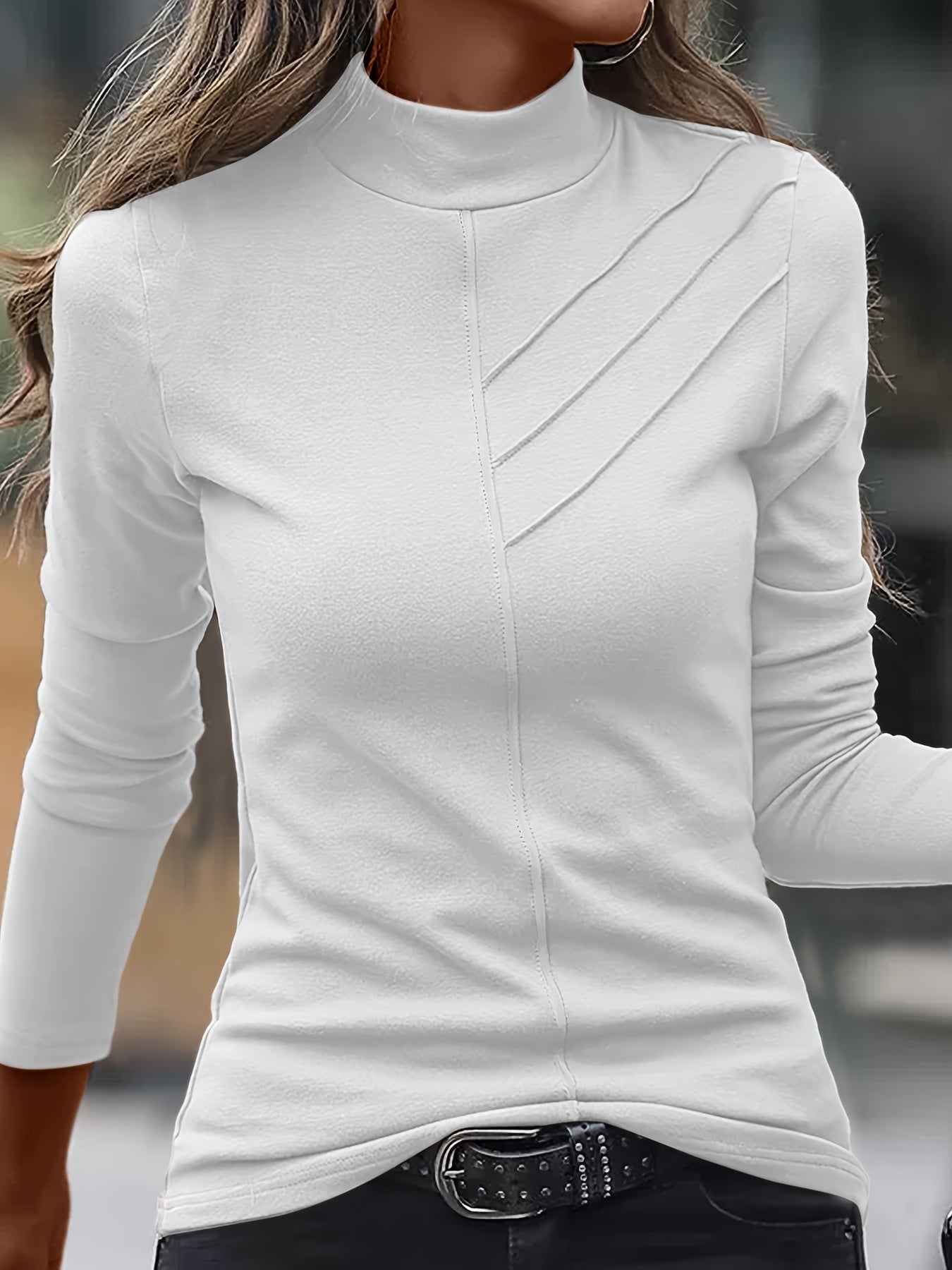 Solid Mock Neck T-Shirt, Casual Long Sleeve Top