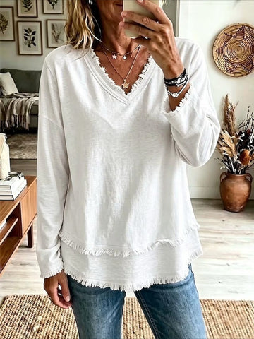 Solid Color Loose V Neck Beard Edge Long Sleeve T-shirt