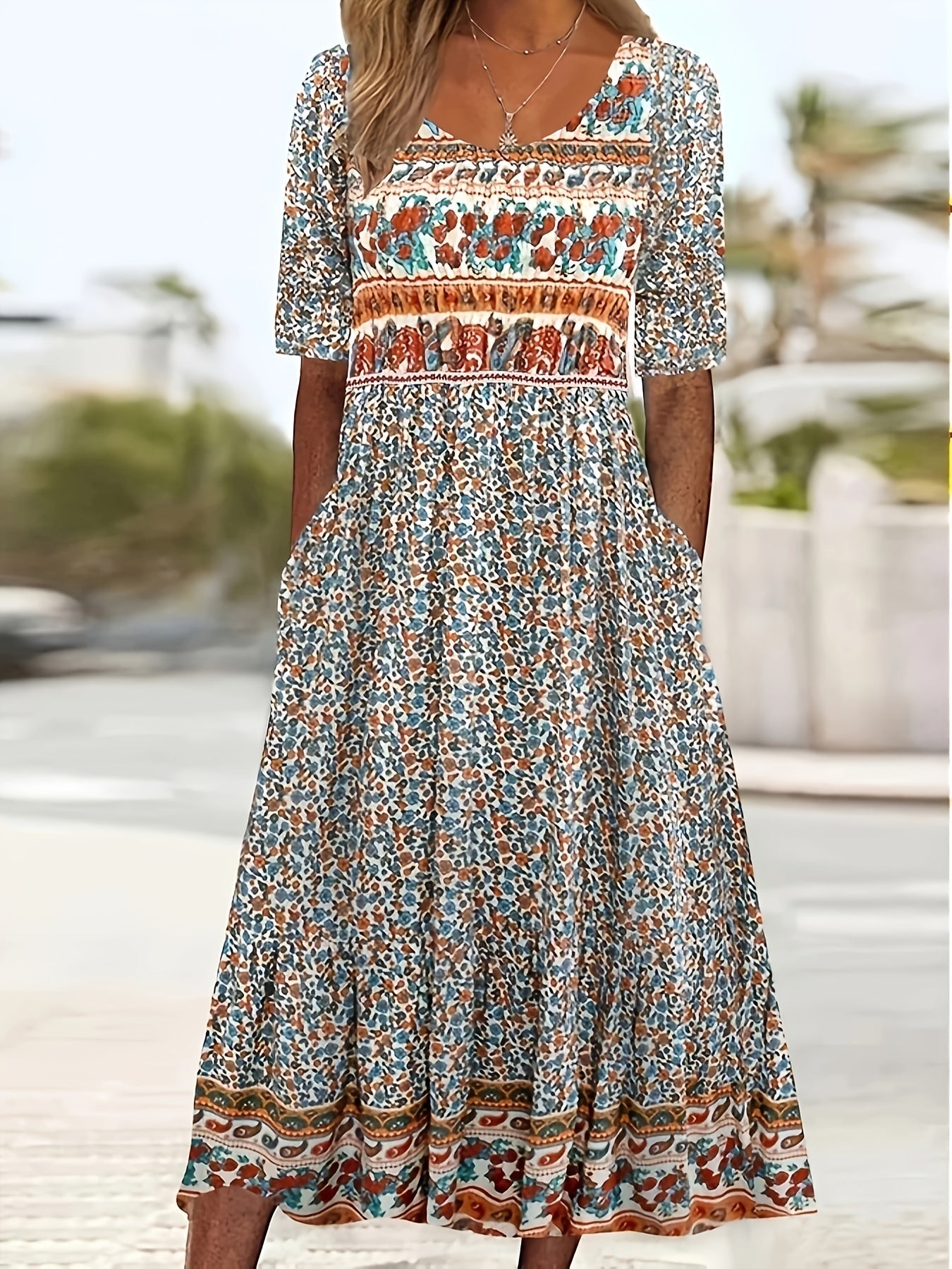 Floral Print Crew Neck Dress, Casual Short Sleeve Dress