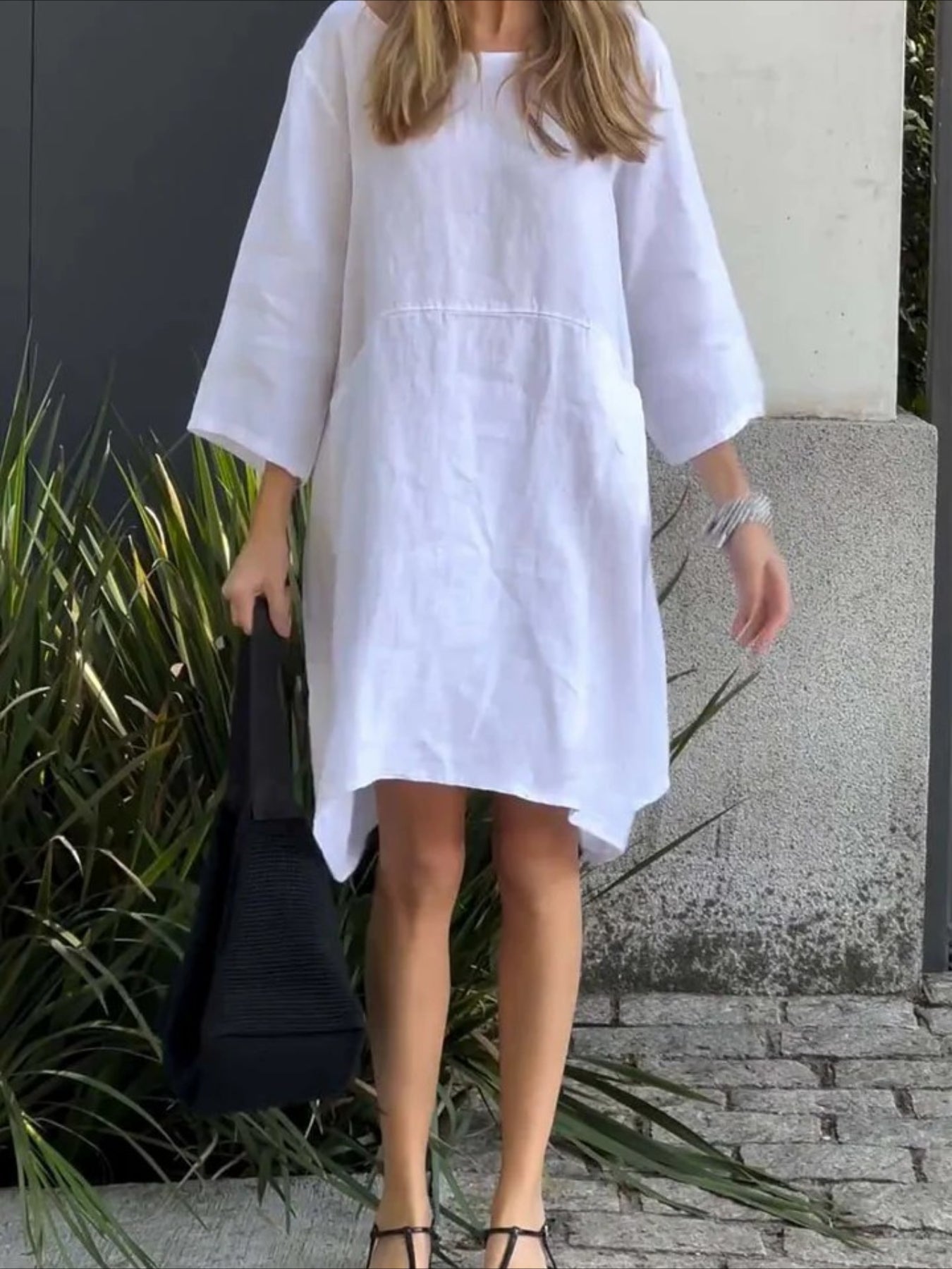 Loose Casual Cotton And Linen Plain Sweashirt Dress