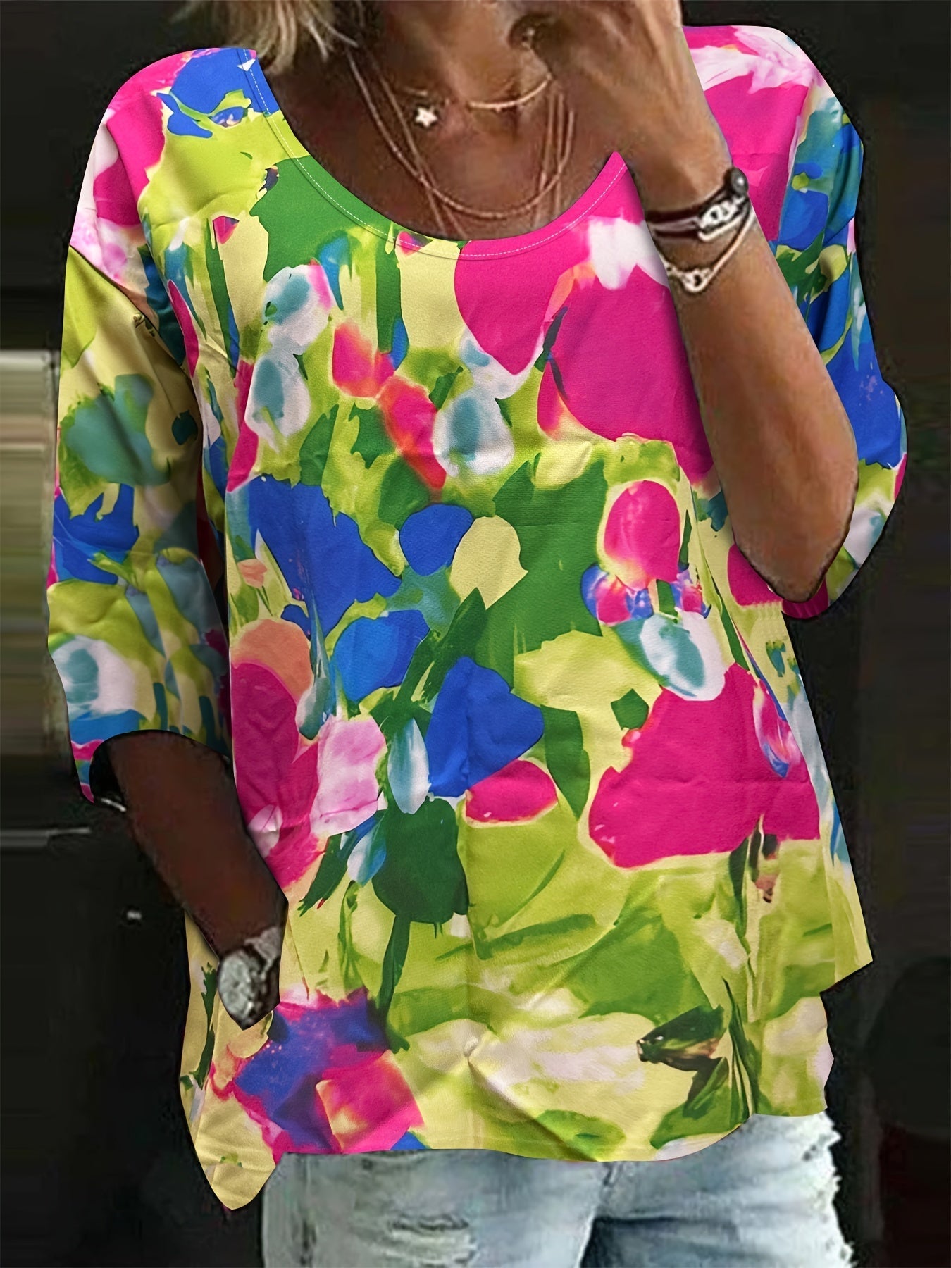 Floral Print Crew Neck Blouse, Casual 3/4 Sleeve Top