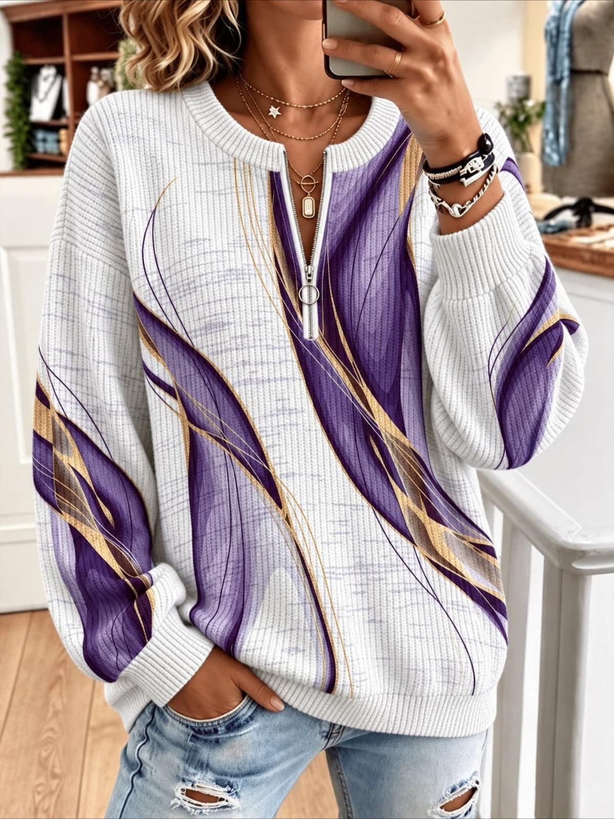 Printed Pattern Zipper Long Sleeve Pullover Sweater