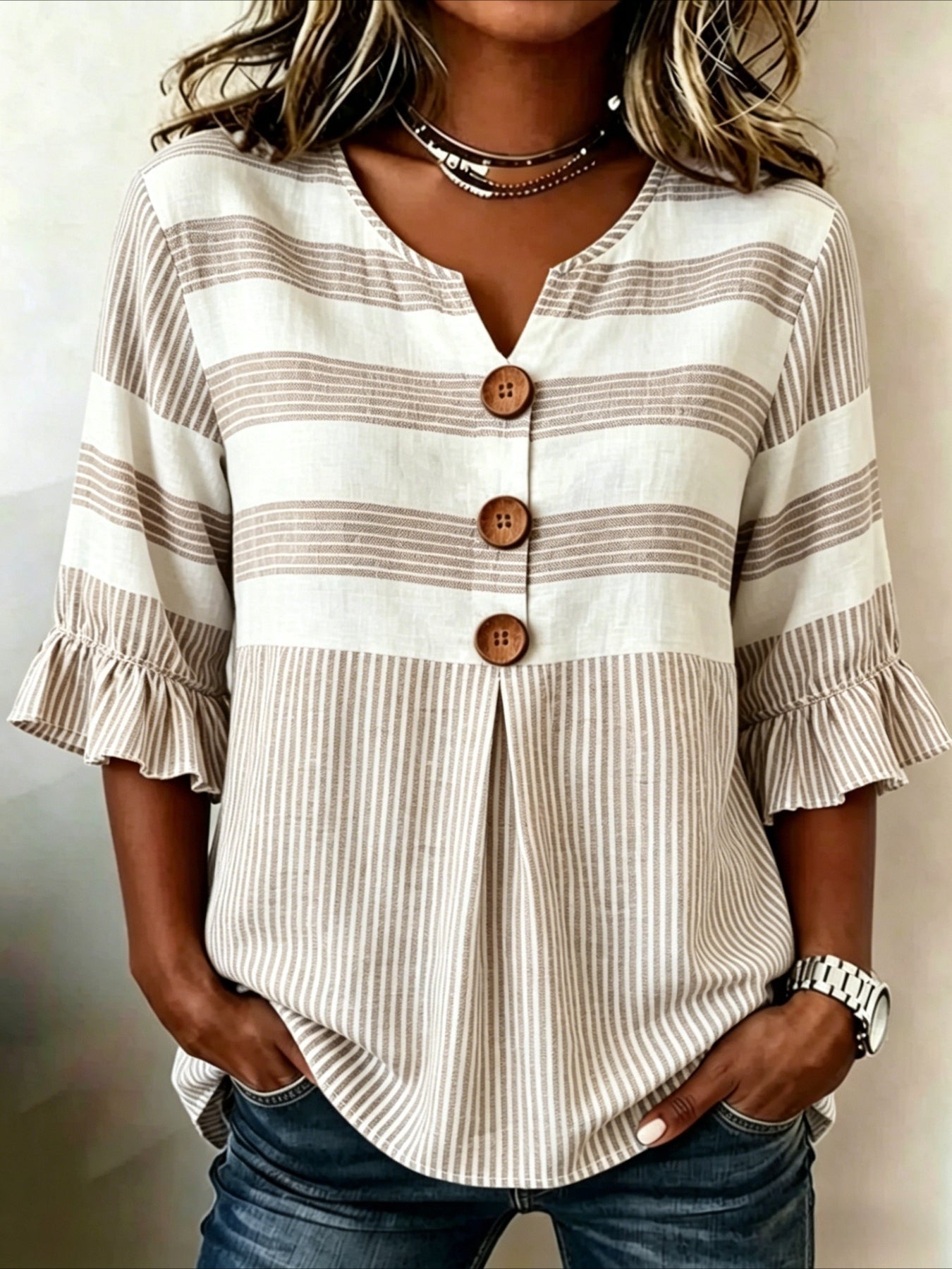 Striped Print V Neck Button Short Ruffle Sleeve Casual Top