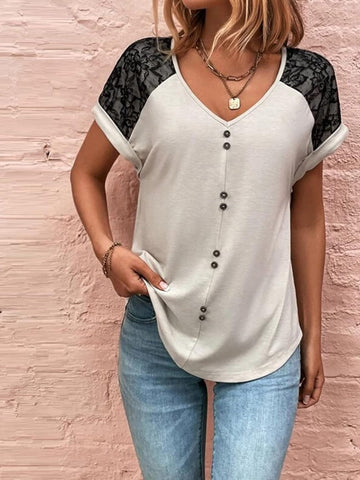 V Neck Lace Sleeve Button Design Loose Fit Soft Simple T-Shirt