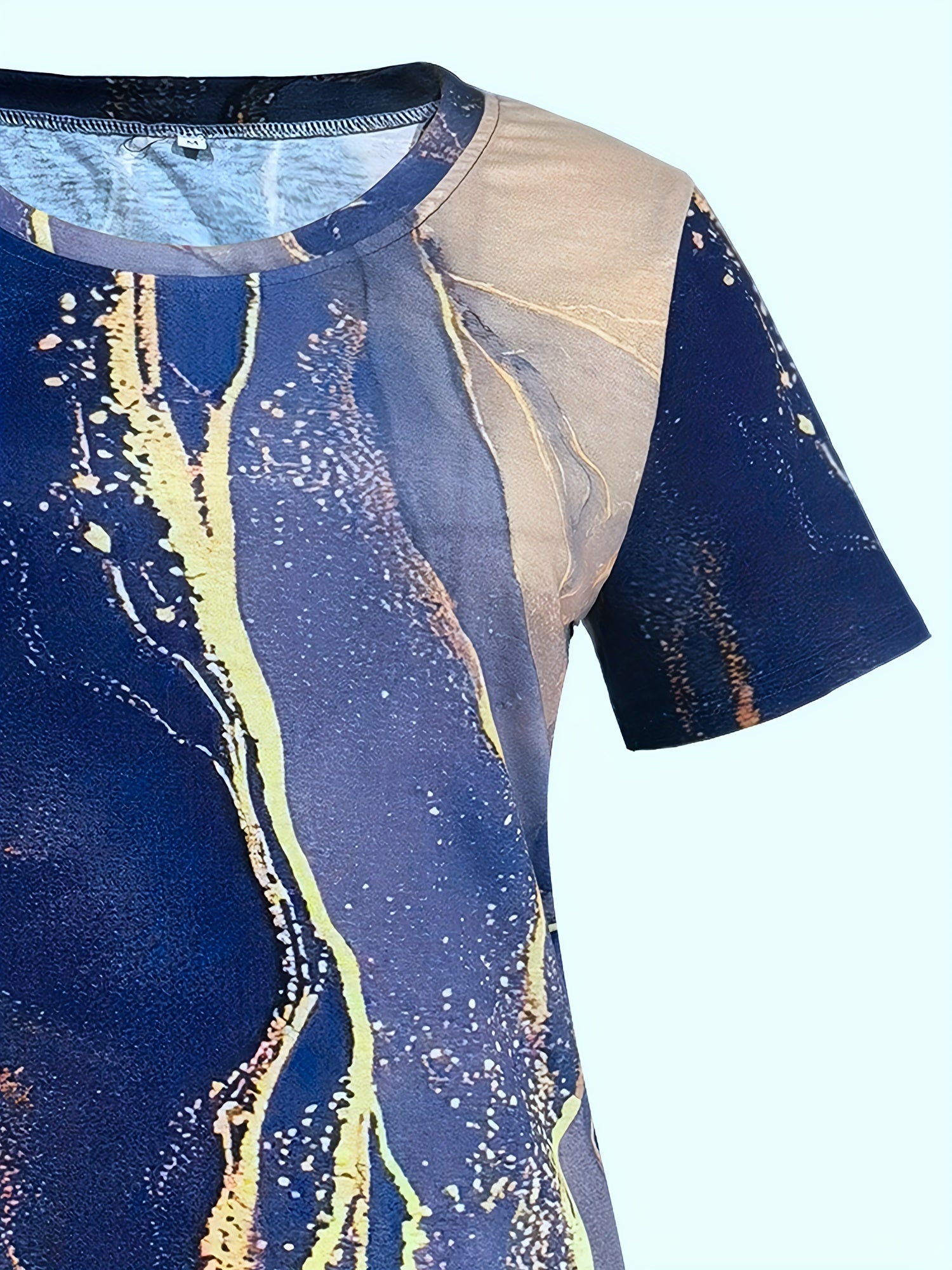 Marble Print Crew Neck T-shirt, Casual Short Sleeve Summer Mid Length T-shirt
