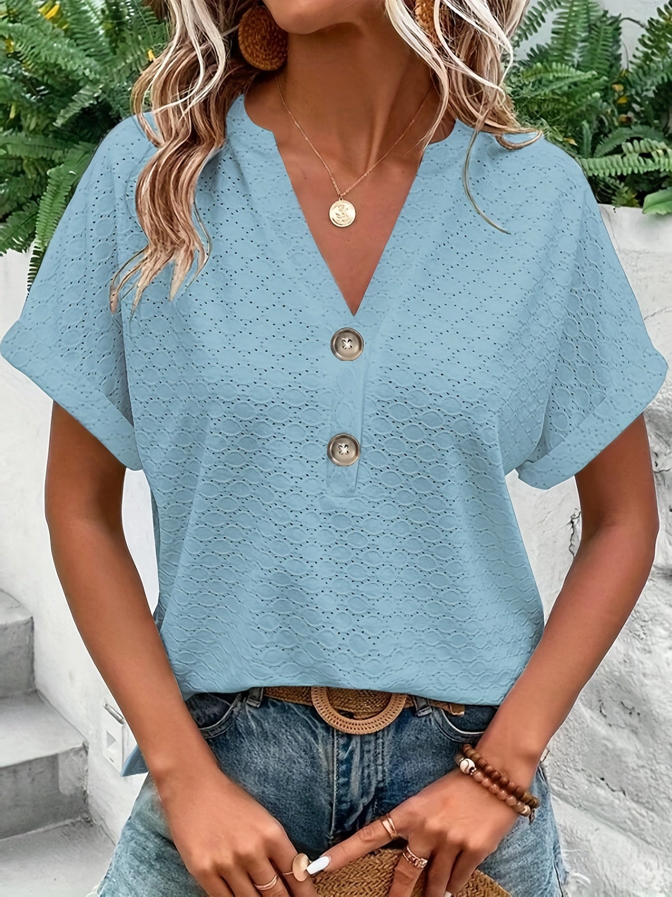 Solid Button Front V Neck T-Shirt, Casual Short Sleeve Top