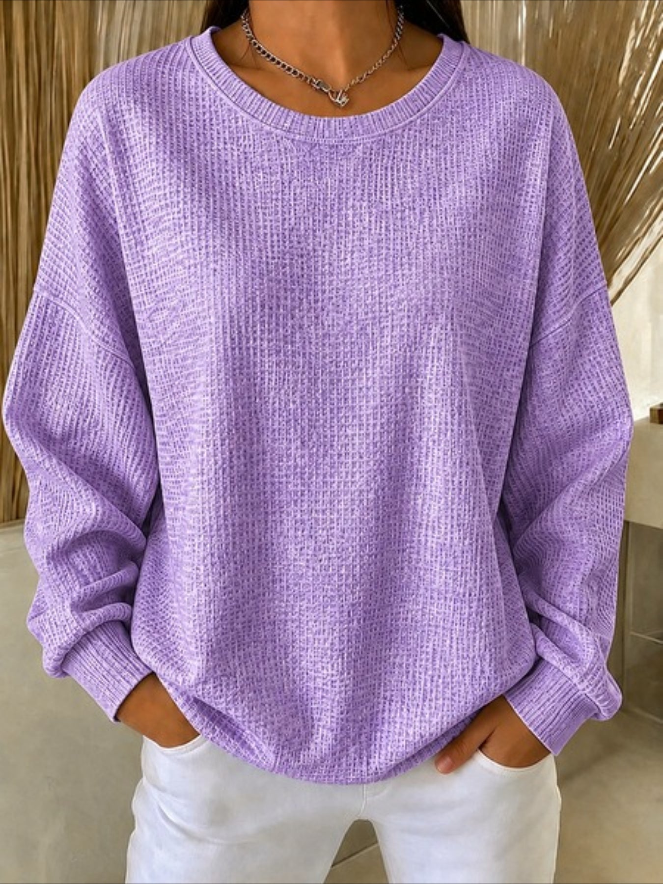 Casual Crew Neck Sweater Waffle Sweatshirt