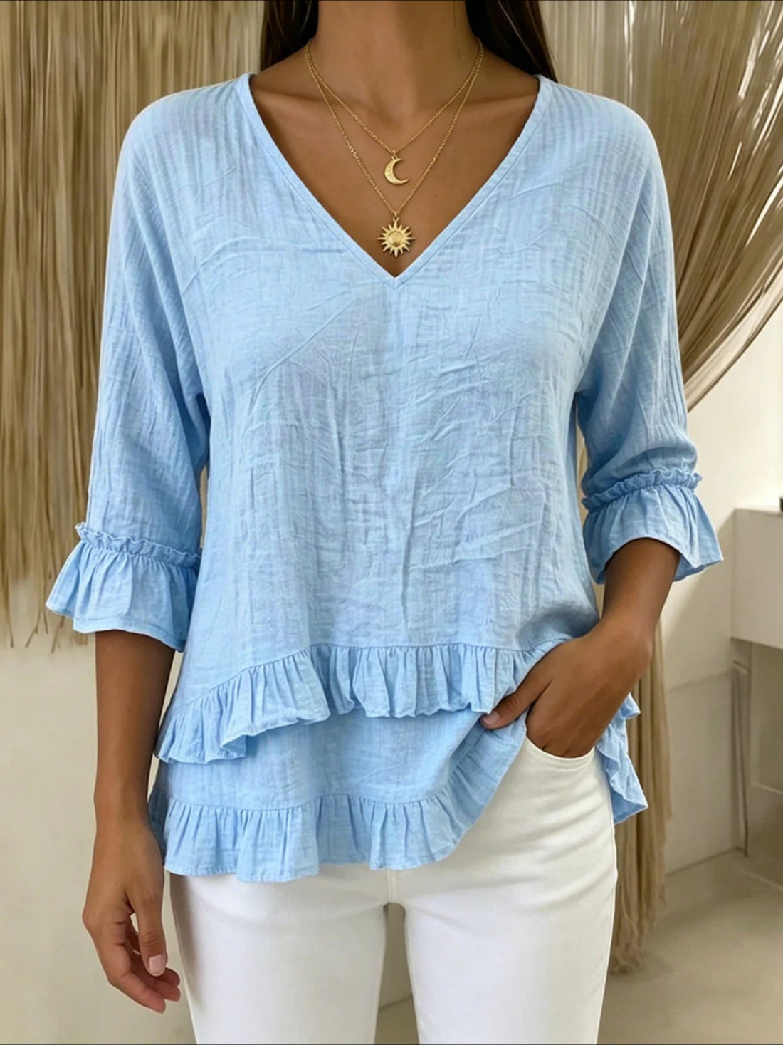 V-neck Ruffled Short Sleeves Blouse