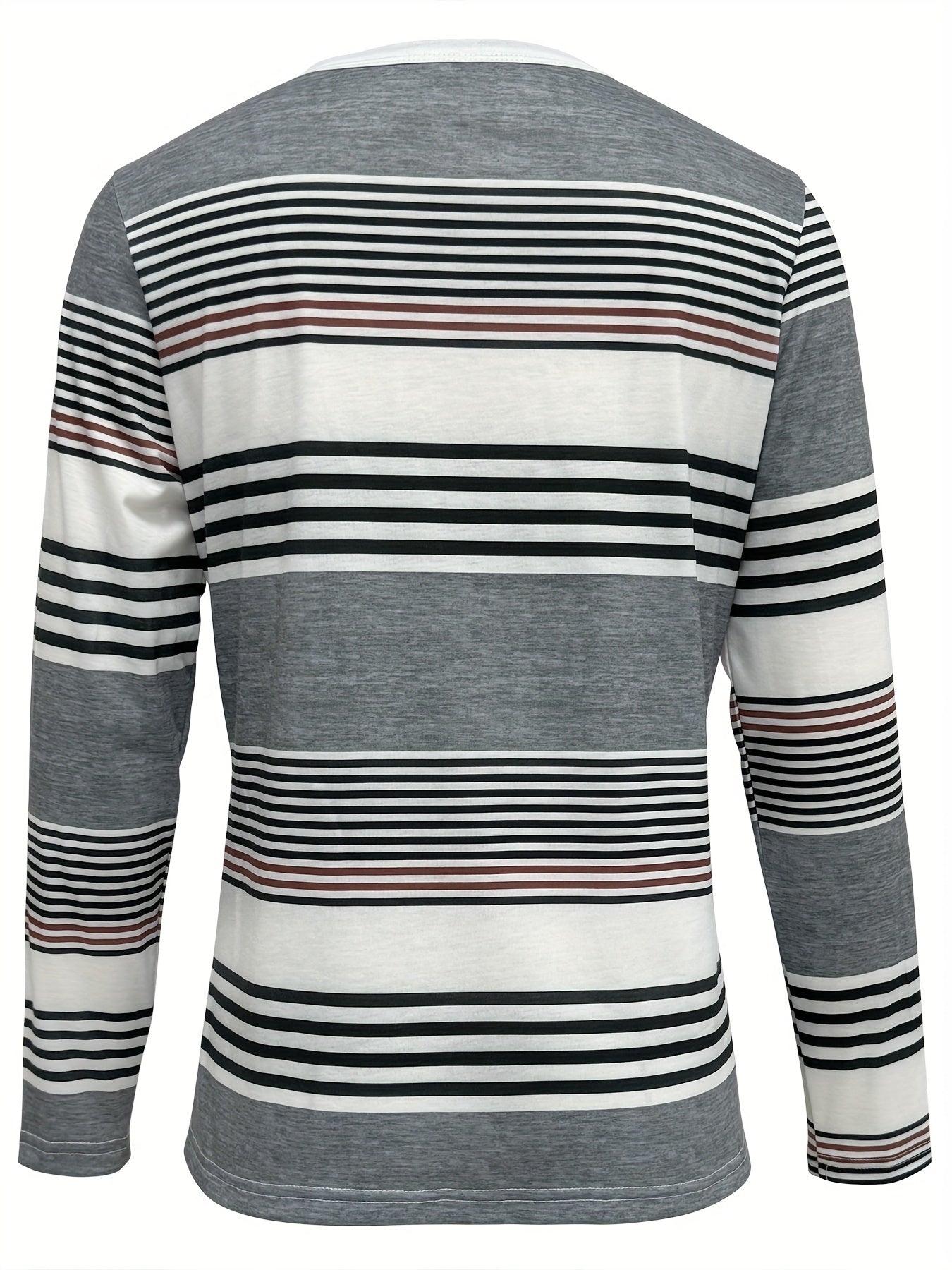 Striped Botton Crew Neck T-Shirt, Elegant Long Sleeve T-Shirt