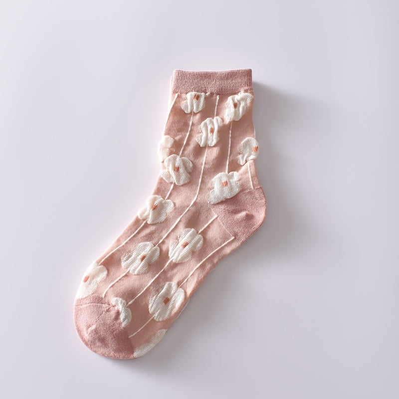 6 Pairs Flower Bubble Cable Crew Socks, Lightweight & Comfy Mid-tube Socks