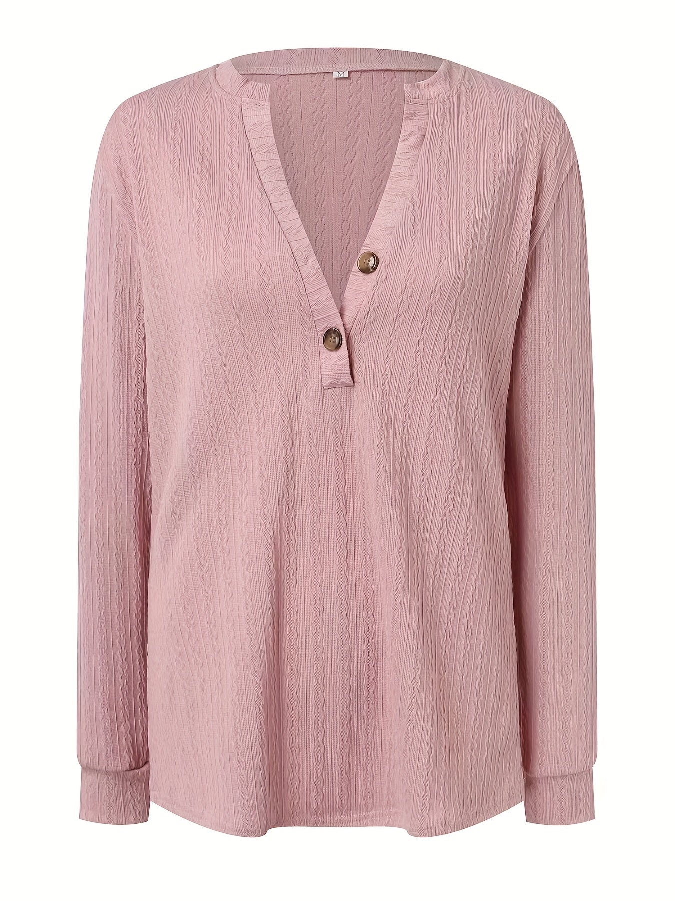 Plus Size Casual Top, Women's Plus Solid Cable Long Sleeve Button Decor V Neck Slight Stretch Top