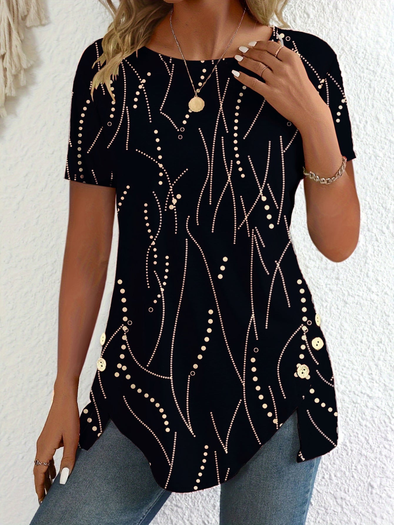 Polka Dots Print Crew Neck T-Shirt, Casual Button Decor Short Sleeve T-Shirt