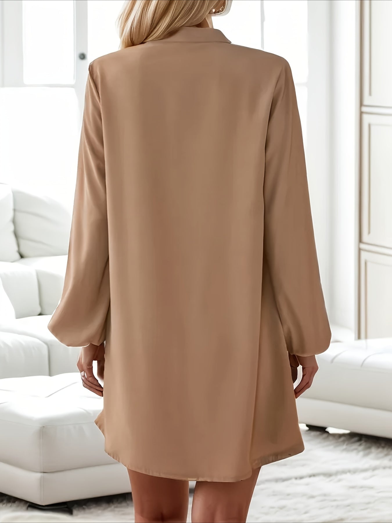 Solid Color V Neck Dress, Casual Long Sleeve Loose Fit Dress