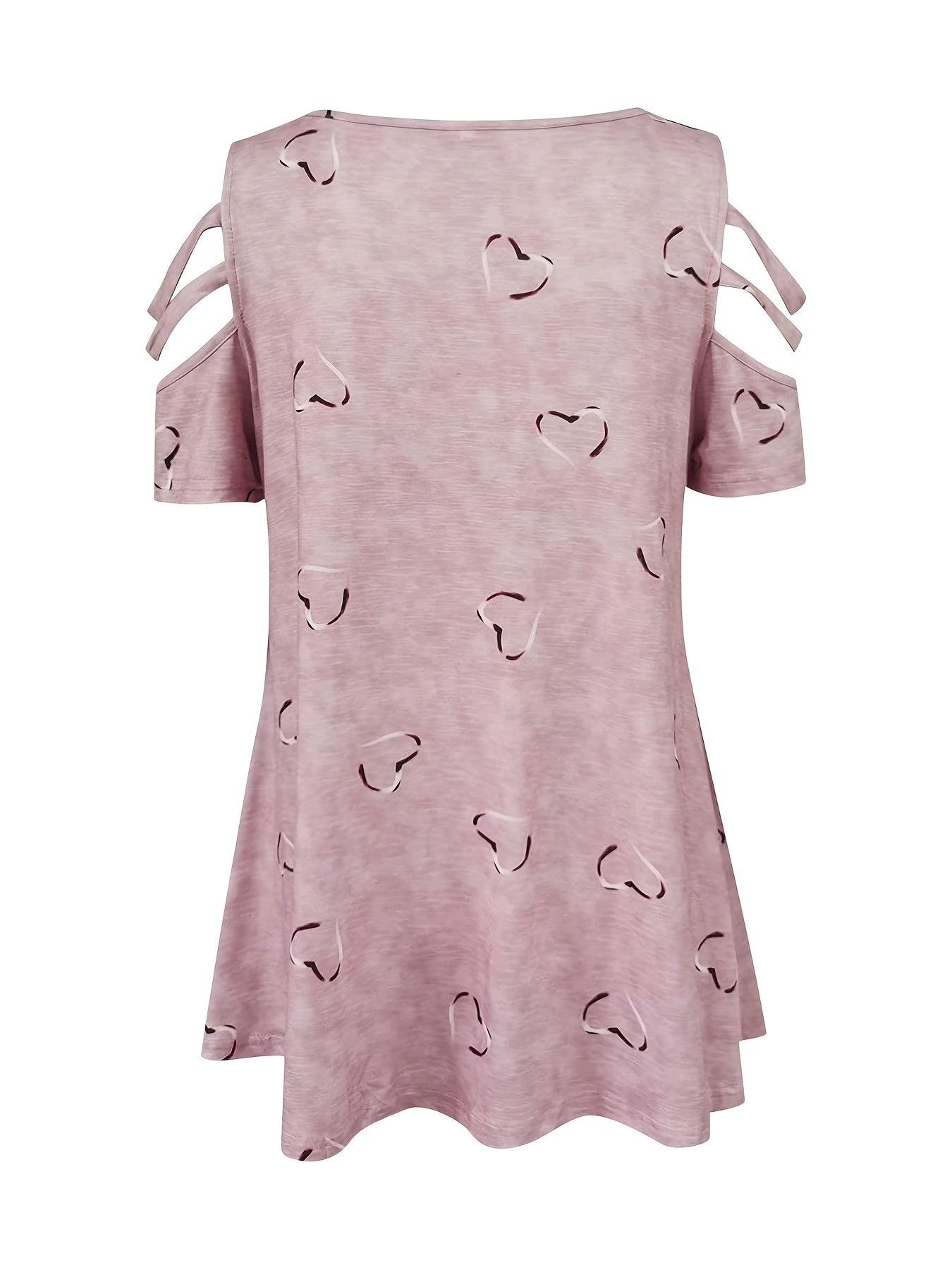 Women's Heart Print Cut Out T-Shirt with Zipper V Neck and Short Sleeves - Casual Everyday Top for Comfort and Style