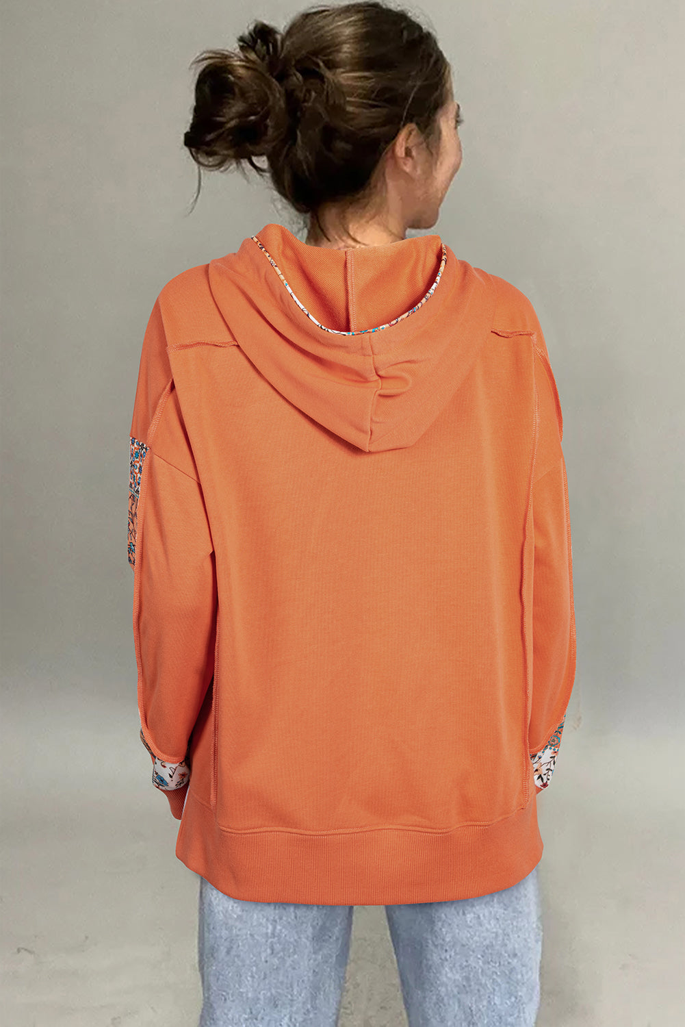 Flamingo Mix Floral Patchwork Side Slit Drawstring Hoodie