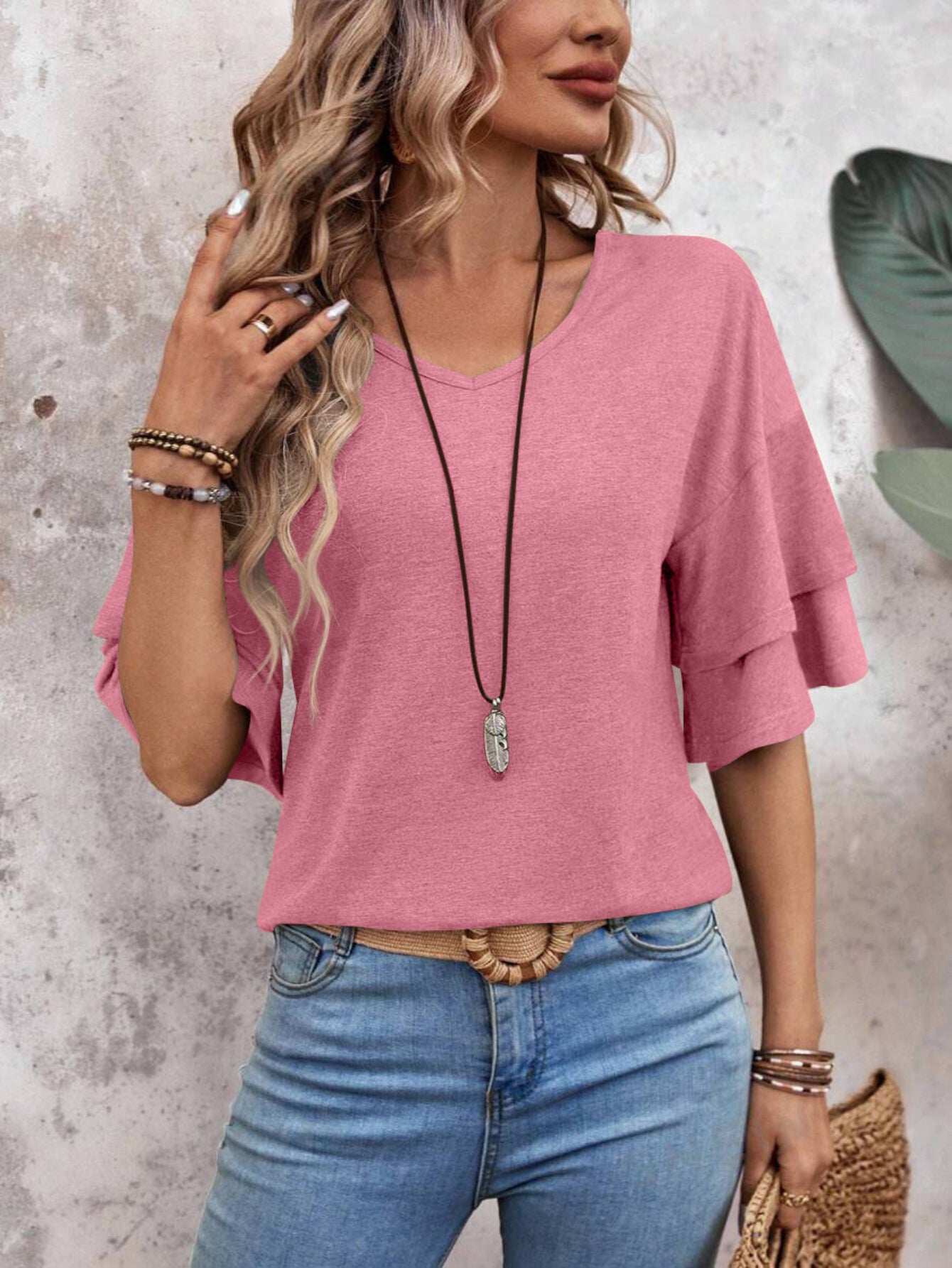 Casual Solid Color Flare Sleeve V Neck T-Shirt