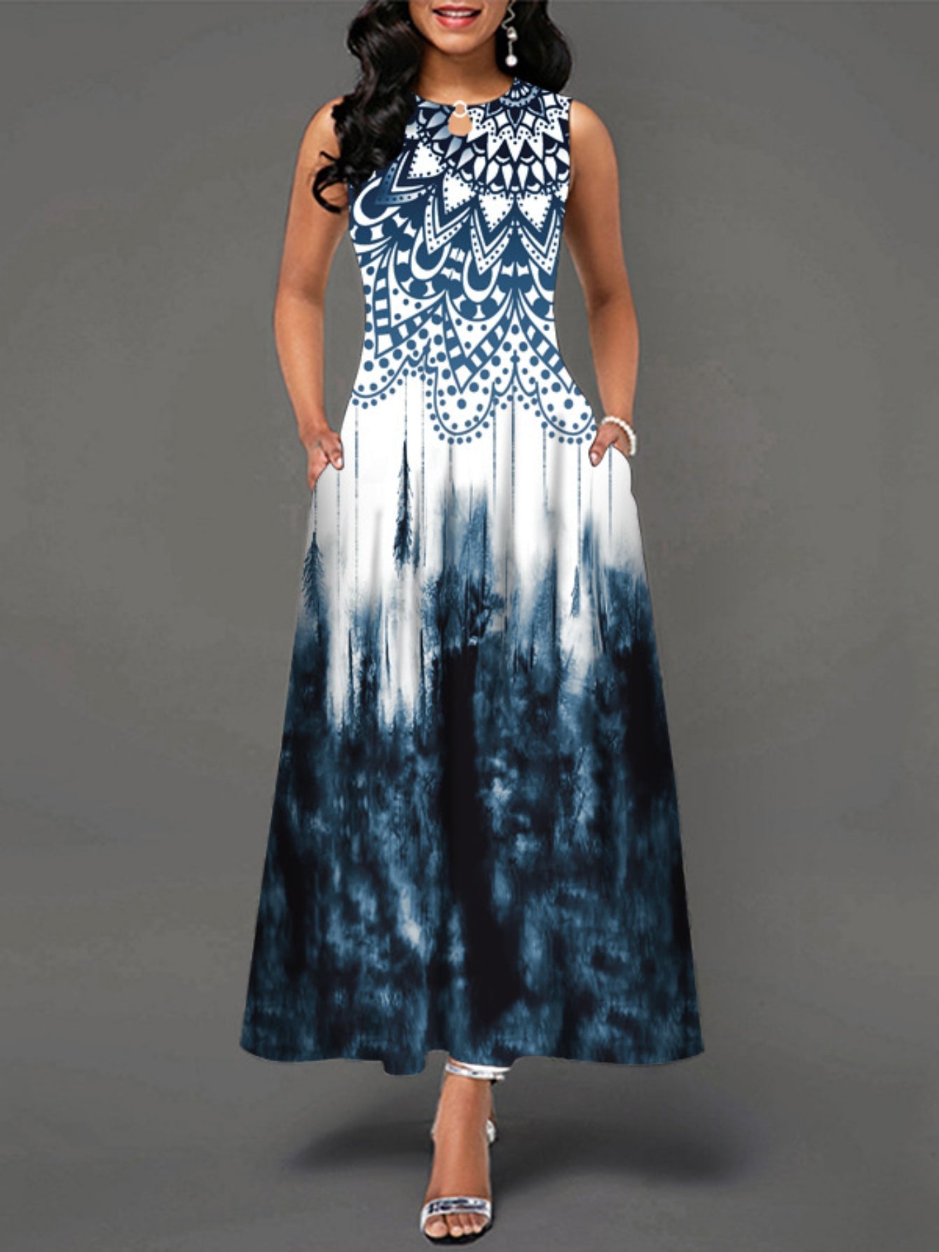 Casual Tank Dress, Colorblock Floral Print Cut Out Round Neck Medium Stretch Maxi Tank Dress