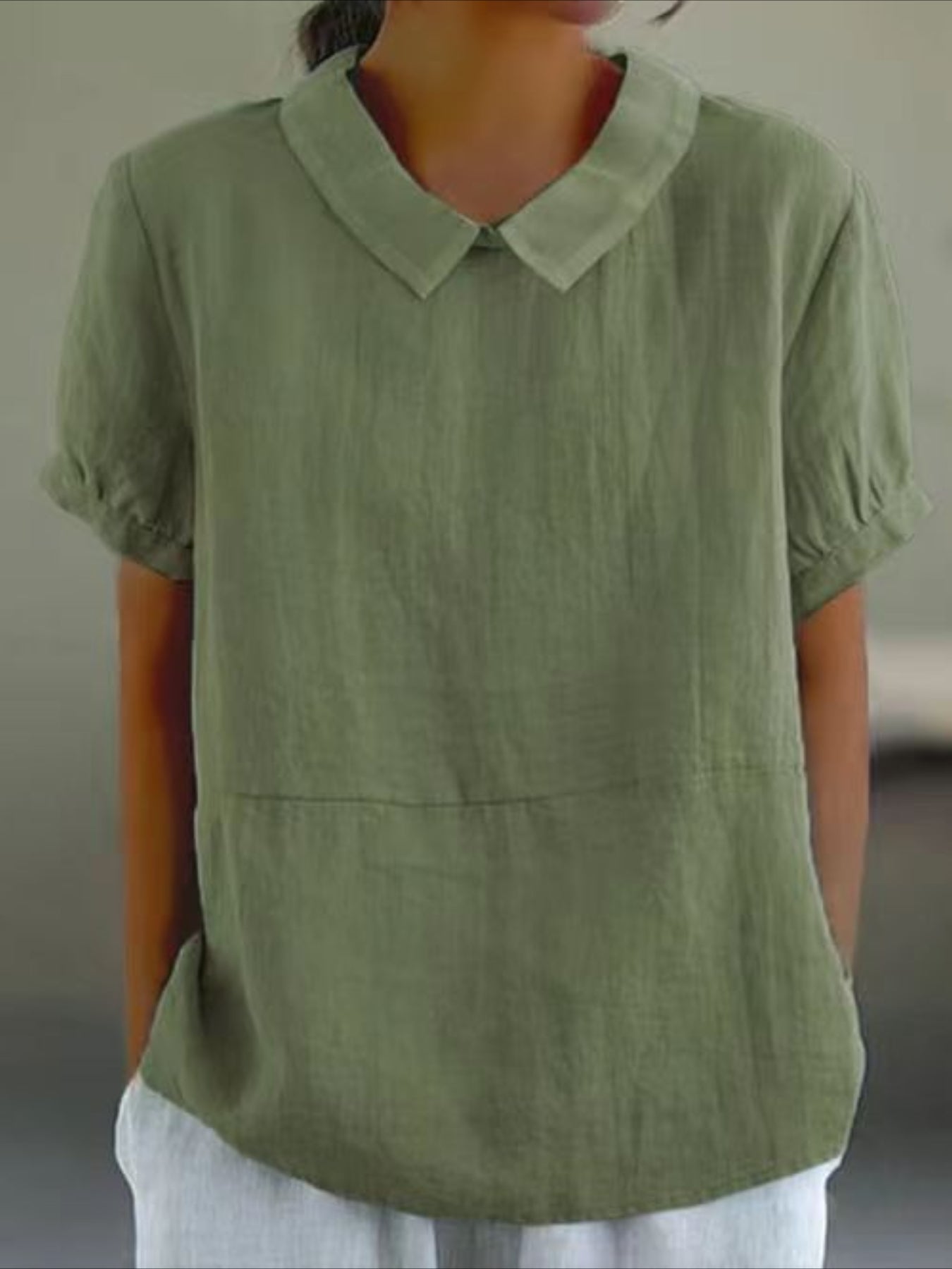 Solid Color Loose Lapel Short Sleeve Cotton Top
