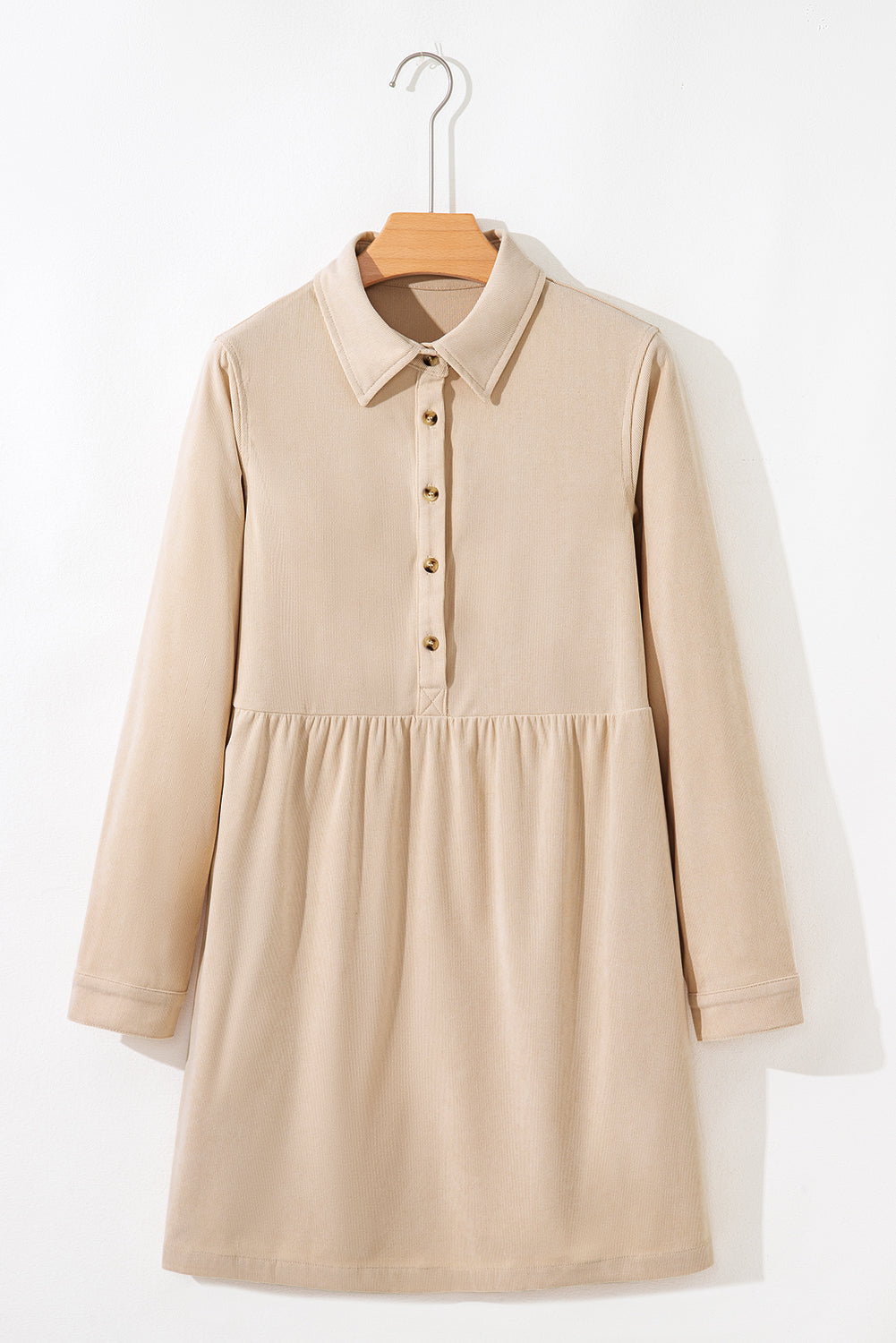 Dear Lovers Oatmeal Corduroy Half Button Collared Long Sleeve Mini Dress