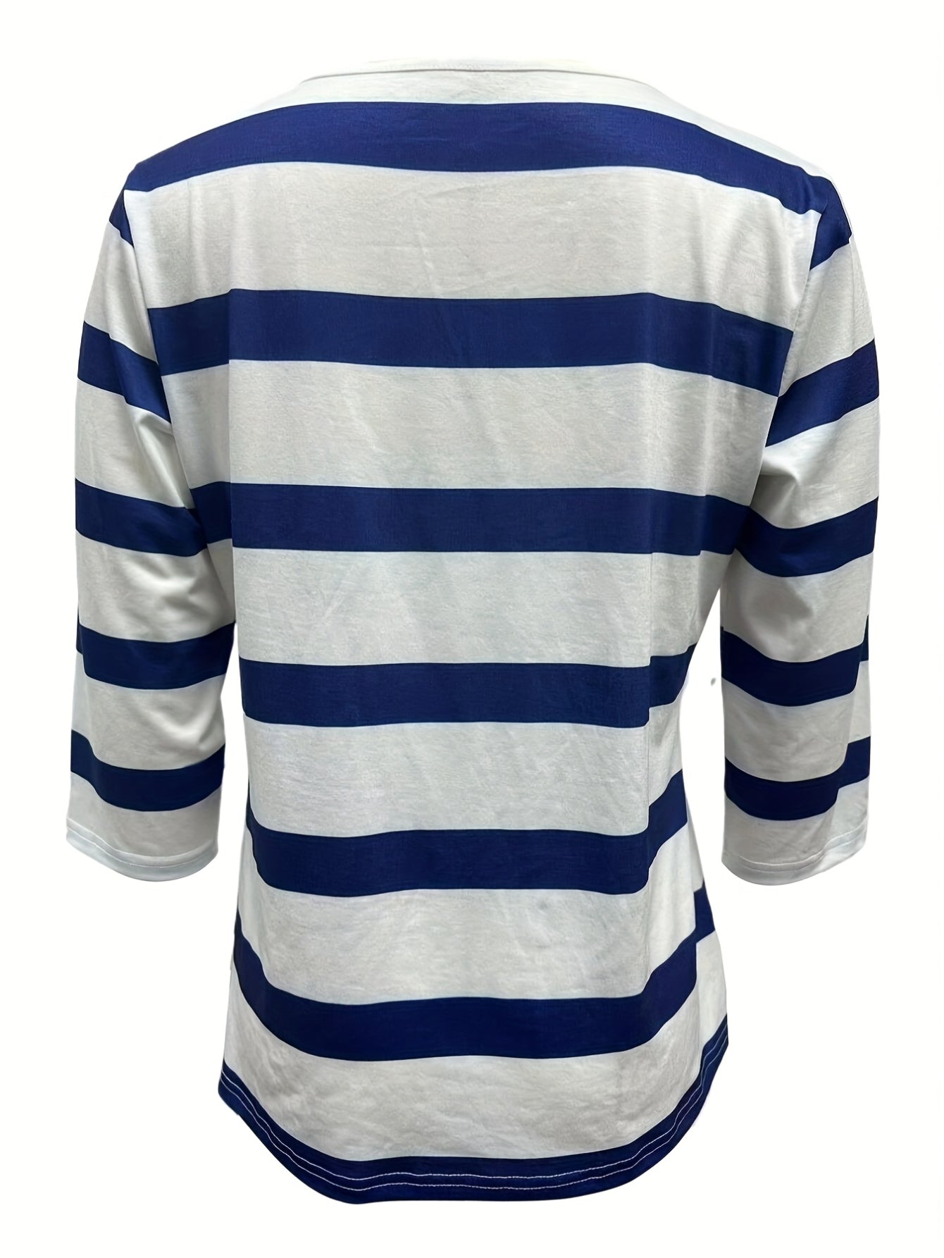 Women's V-Neck Striped T-Shirt - Soft Knit Polyester, Three Quarter Sleeve