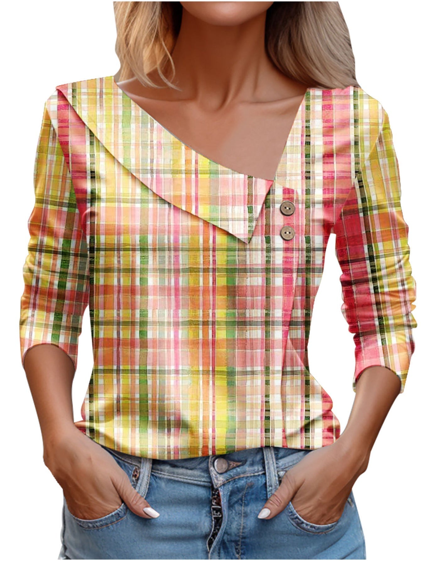Chic Plaid Print Elegant Long Sleeve V-Neck T-Shirt