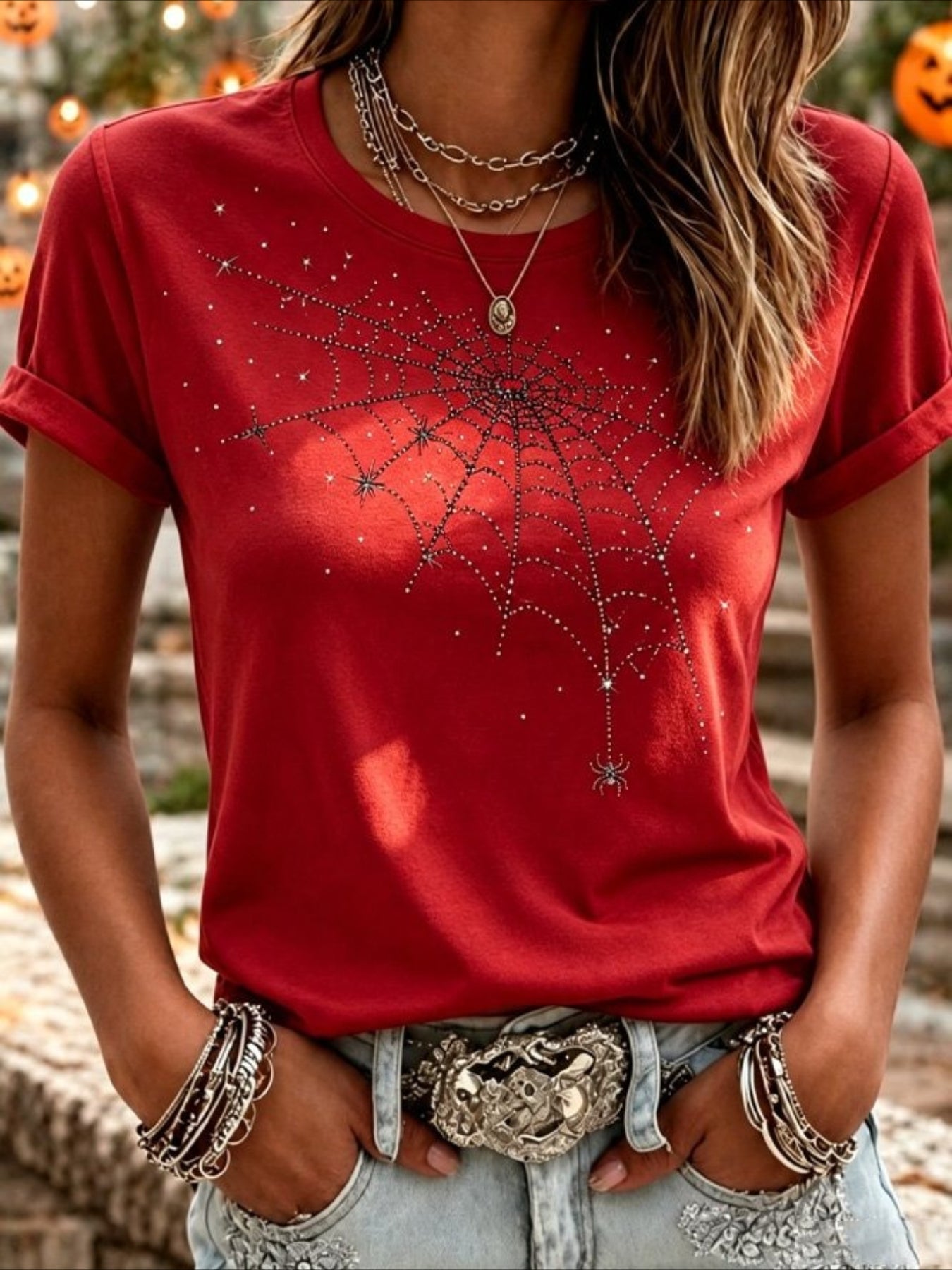 100% Cotton Spider Web Pattern Crew Neck Short Sleeve T-Shirt