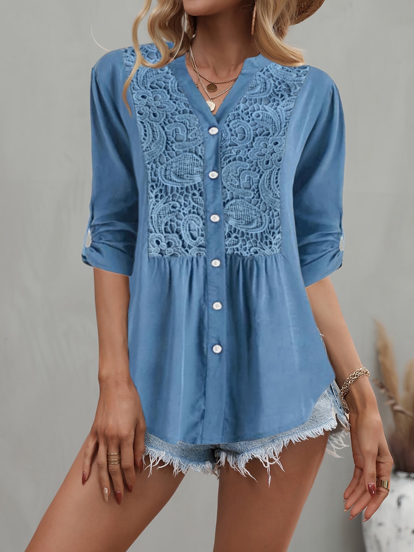 Vintage Lace Splicing Button Front Blouse - Half Sleeve Notched Neck Top