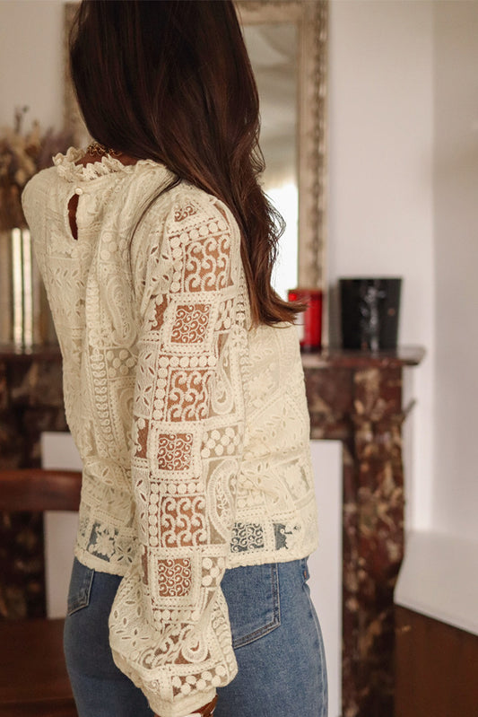 Beige Frilled Collar Paisley Mixed Lace Blouse