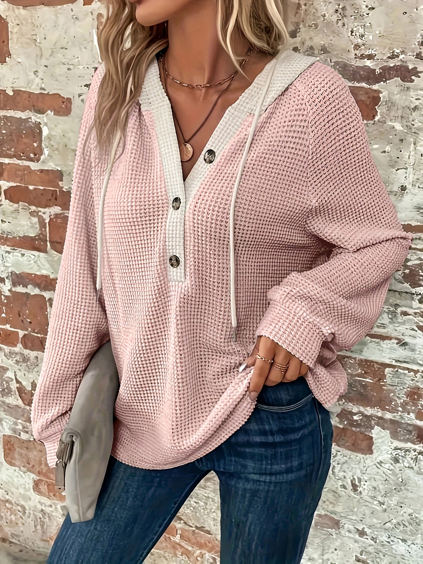 Casual Hoodie Sweatshirt | Women's Semi-Sheer, Solid Knit | Stretch Fit with Button Detail | Easy-Care