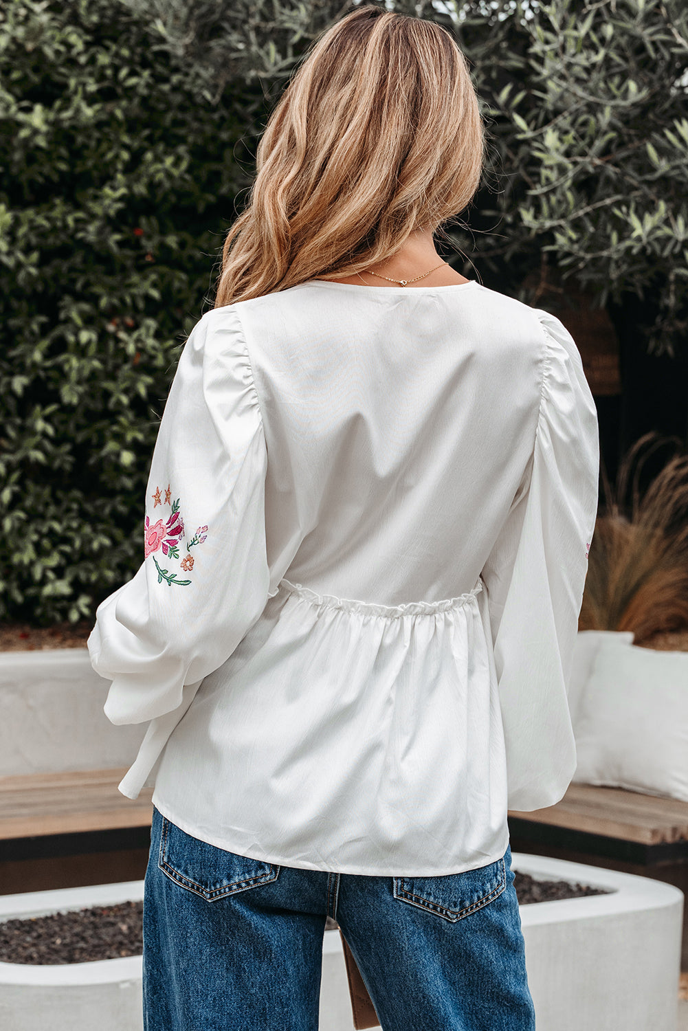 White Flower Lace-up V Neck Babydoll Blouse