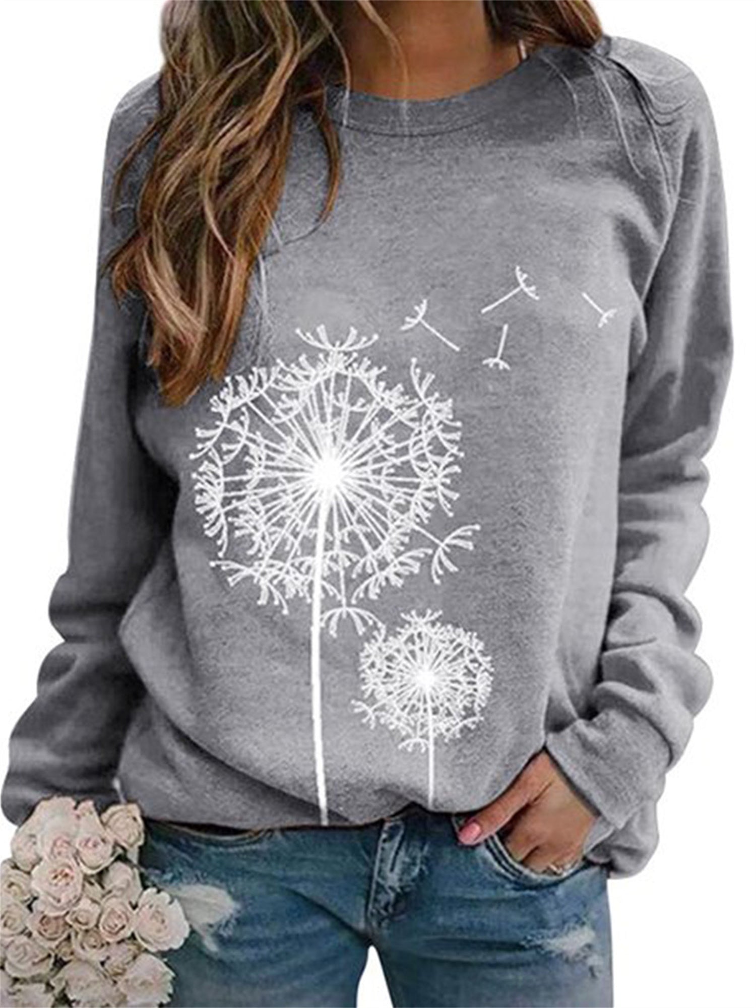 Dandelion Print Crew Neck T-shirt, Casual Loose Long Sleeve T-Shirts Tops