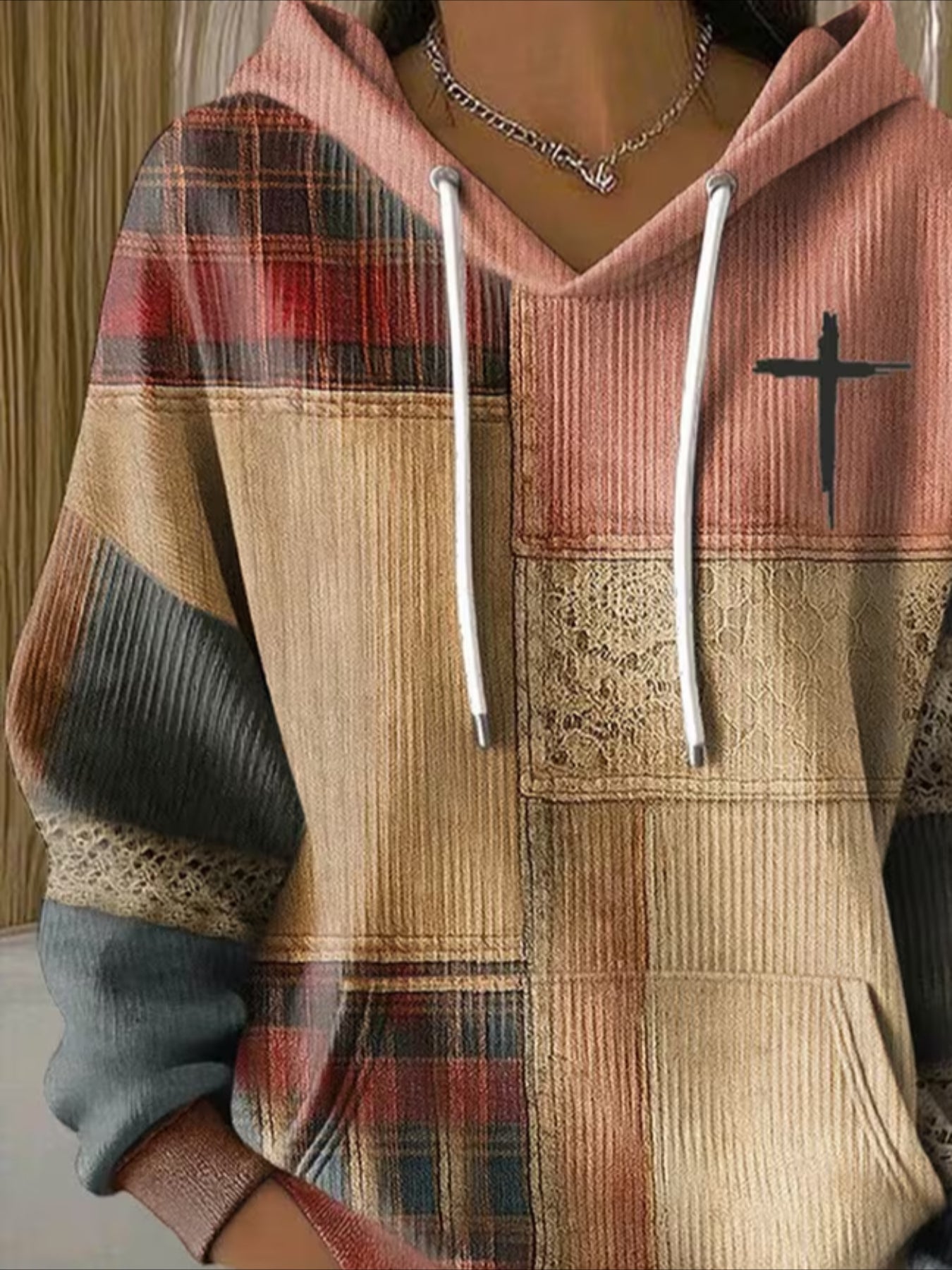 Contrast Stitching Printing Long Sleeve Pullover Hoodie Sweatshirt