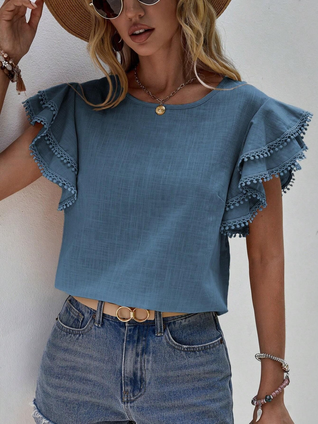 Solid Crew Neck Blouse, Elegant Layered Ruffle Sleeve Top For Spring & Summer, Women's Clothing