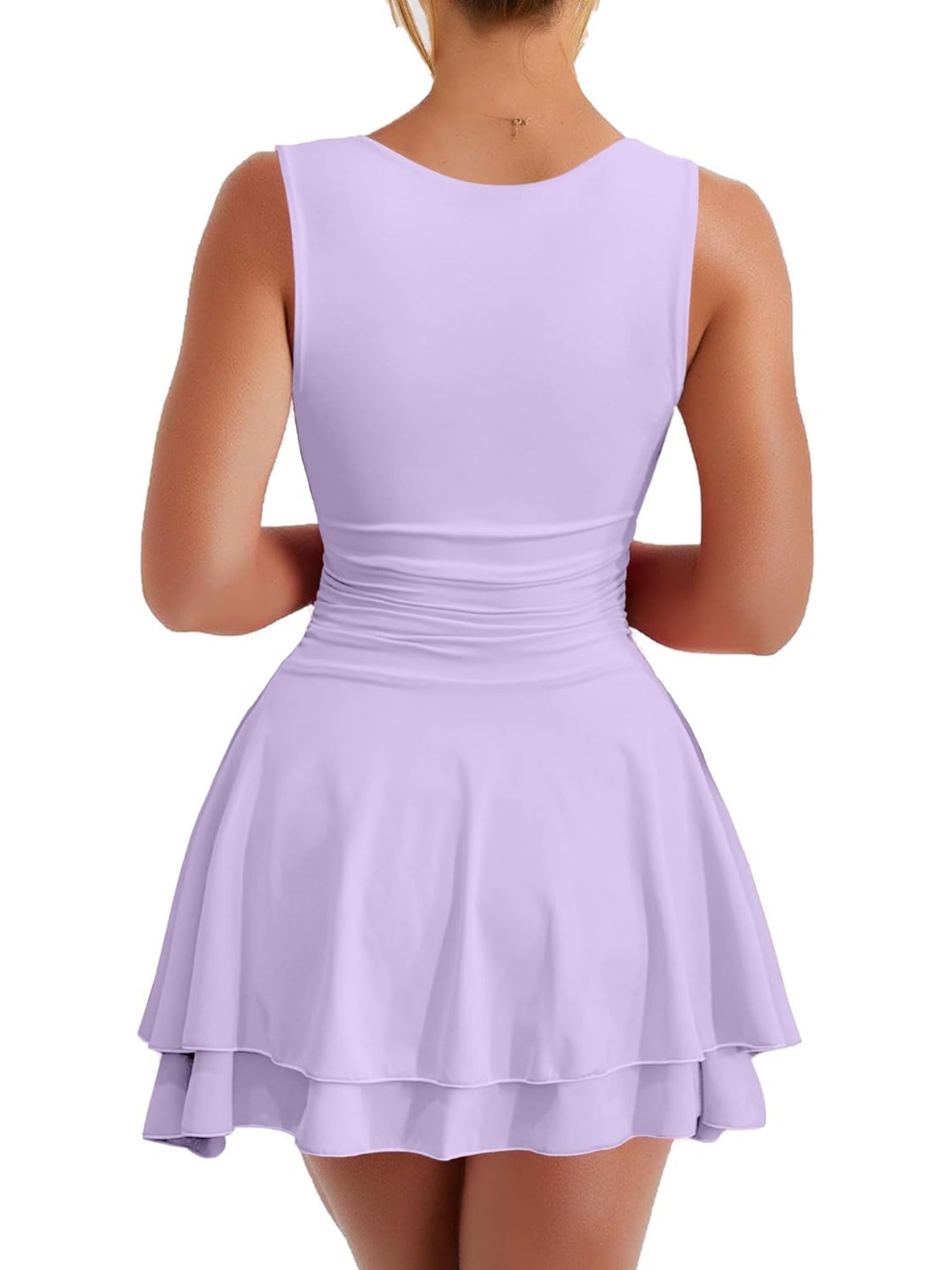 Solid Color Square Neck Ruffle Hem Ruched Waist Mini Dress