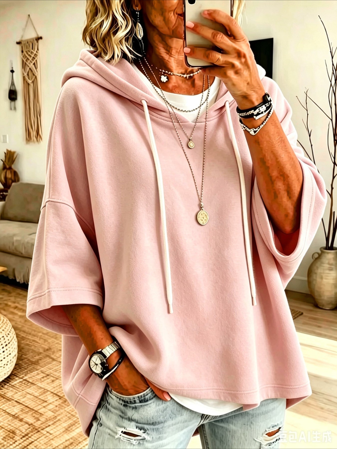 Seven-quarter Sleeves Solid Color Casual Hooded Sweatshirt