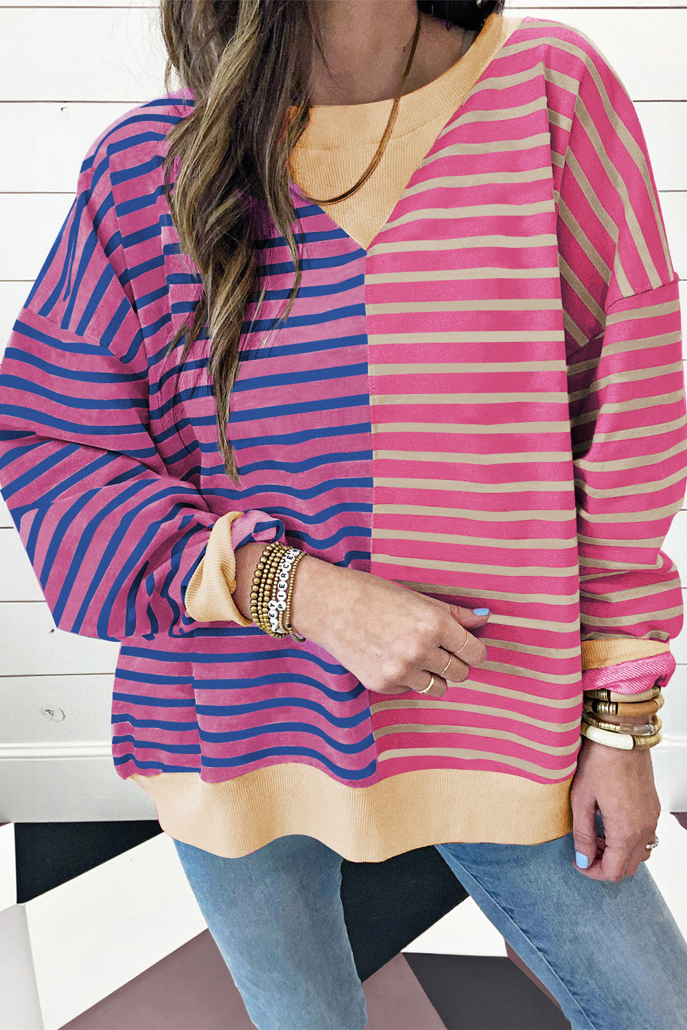 Pink Stripe Colorblock Drop Shoulder Oversize Sweatshirt