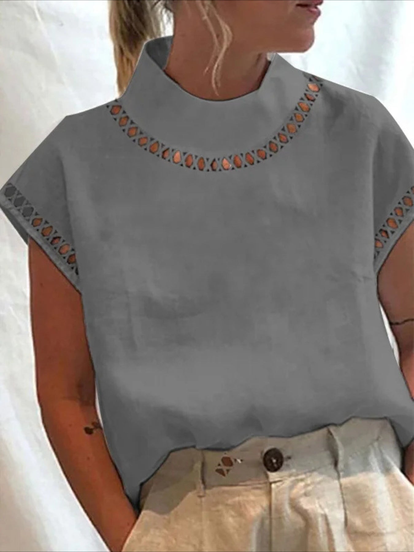 Solid Color Basic Casual Short Sleeve High Neck Regular Tops