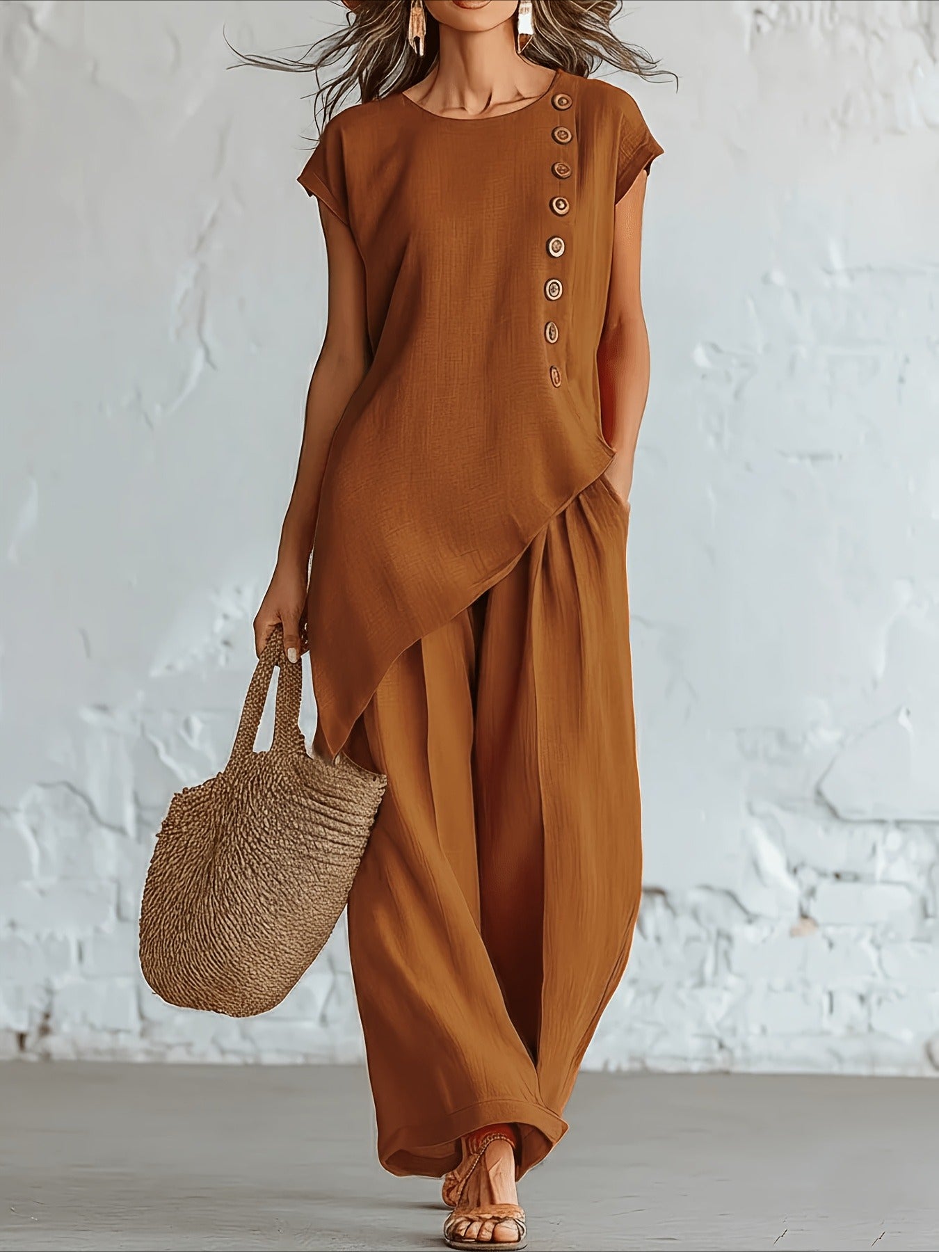 2pcs Set Button Detail Asymmetrical Hem Top & Wide Leg Pants Outfit