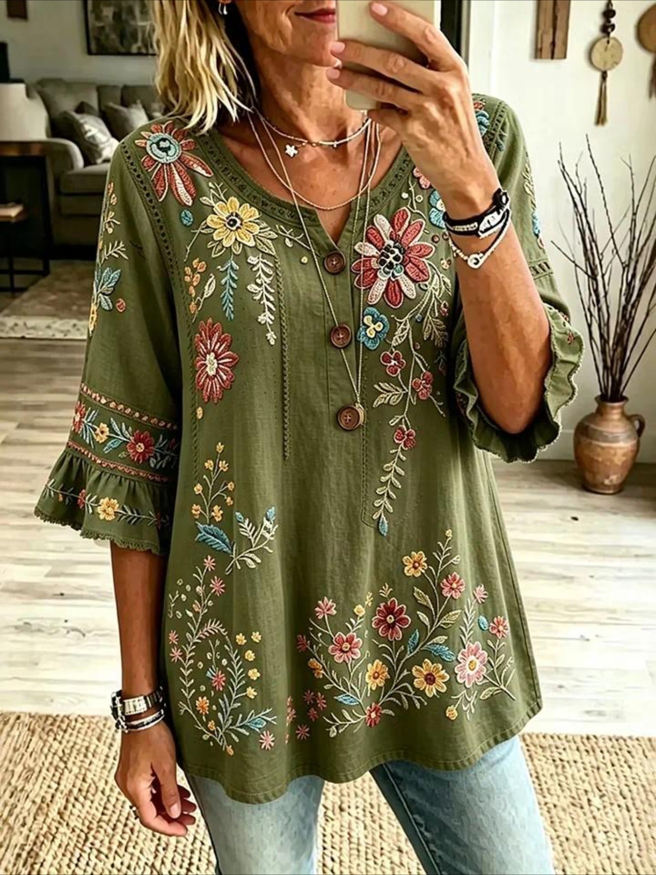 V Neck Button Short Ruffle Sleeve Casual Blouse