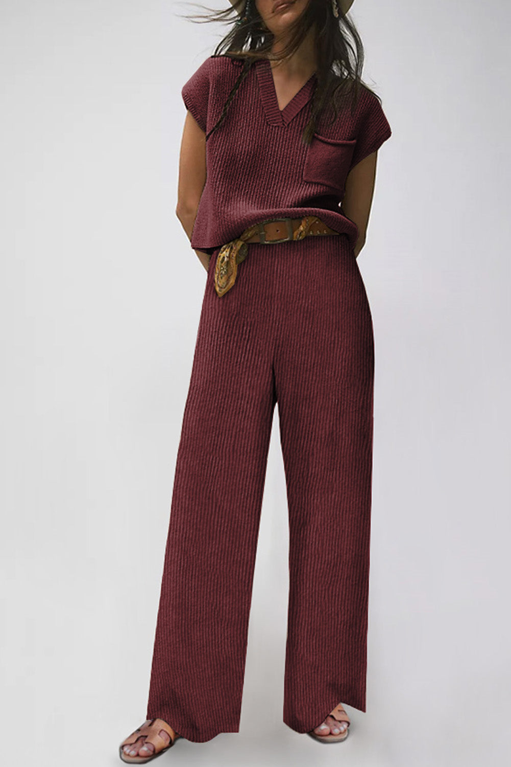 Fiery Red Knitted V Neck Sweater and Casual Pants Set