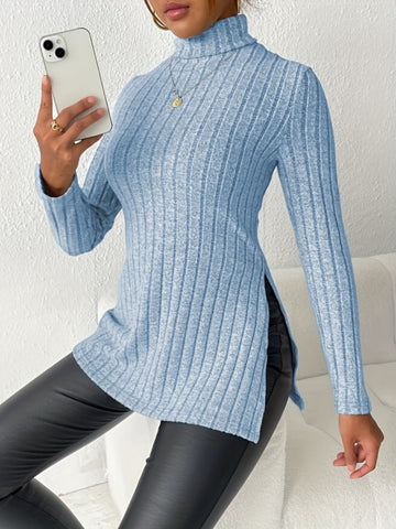 Solid Turtle Neck Rib Knit Top, Casual Long Sleeve Split Top