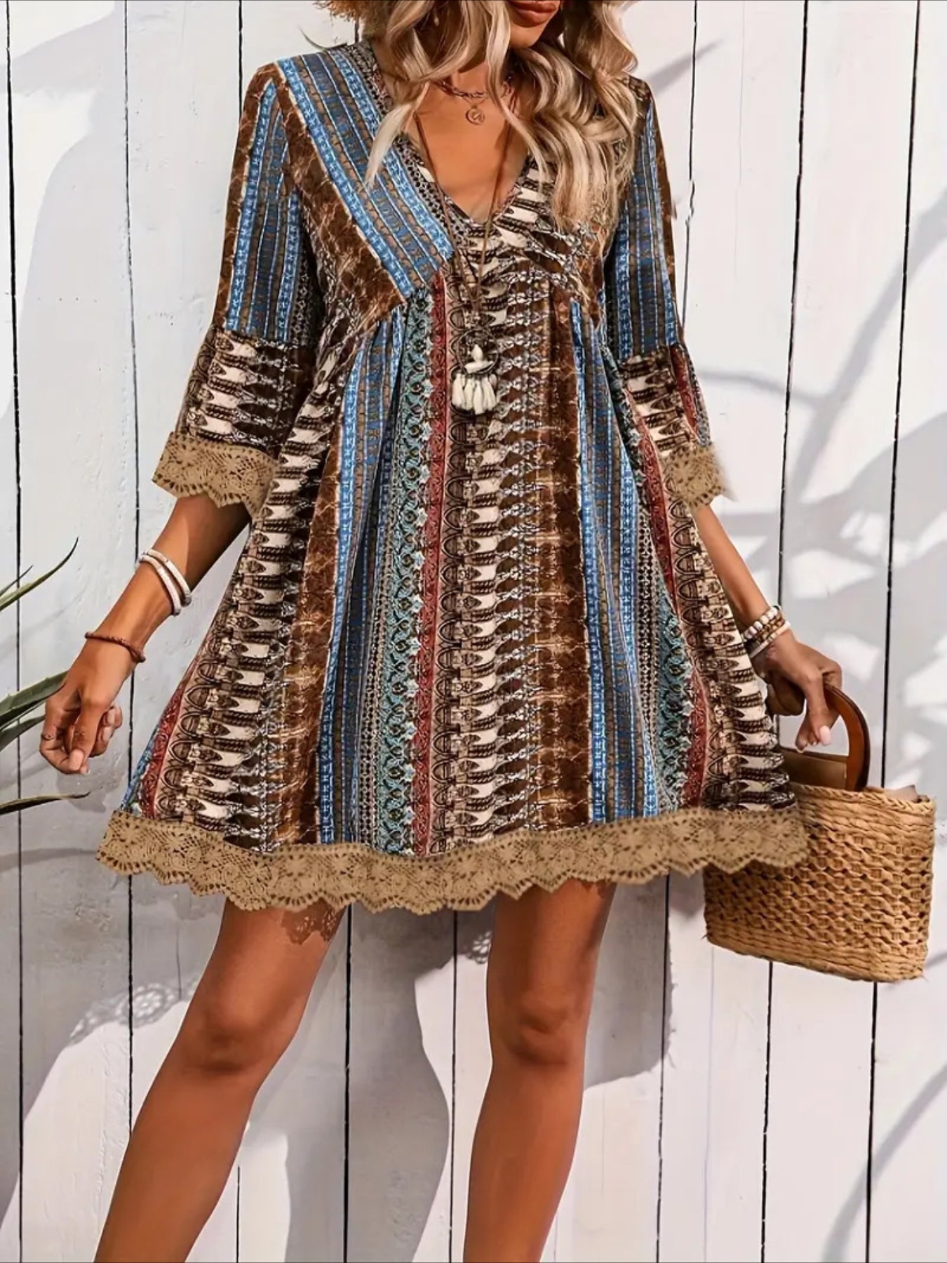 3/4 Sleeve Striped V-neck Trapeze Dress