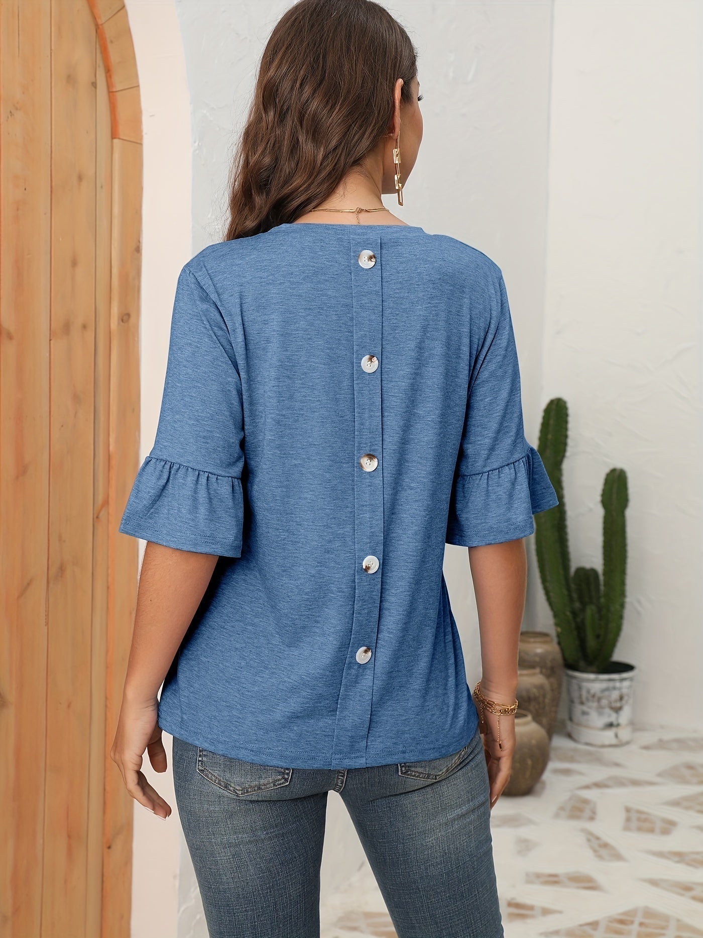 Button Back Solid T-shirt, Casual Crew Neck Half Sleeve T-shirt